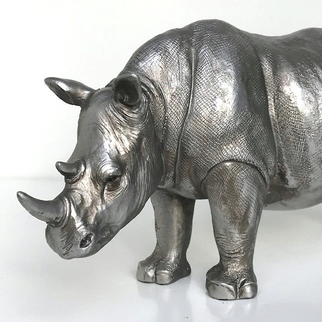 Rhino ornament, heavy antique silver effect, 26cm