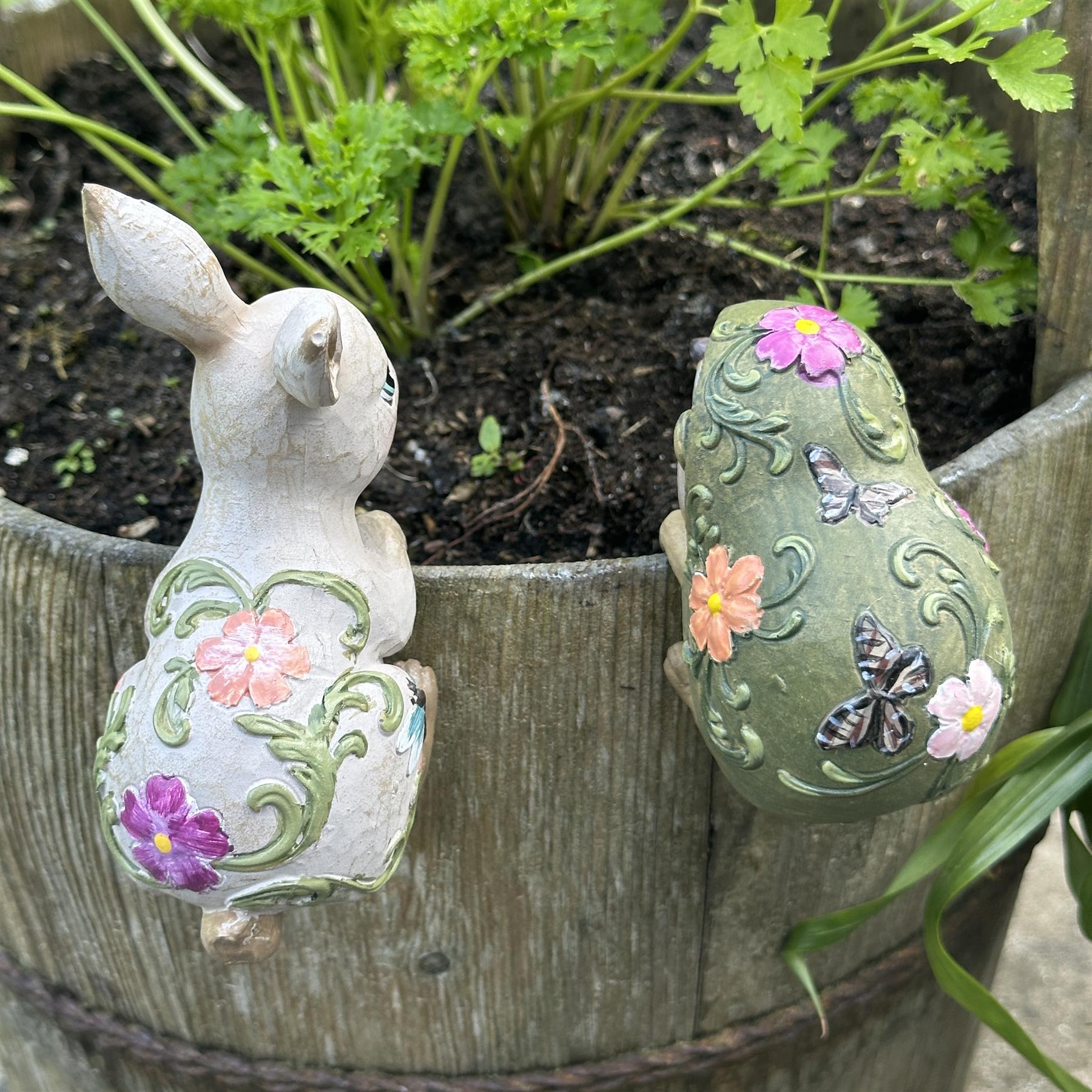 BOX OF FOUR Flower pot hangers, wood effect bohemian colours (2 each of Rabbit & Hedgehog)