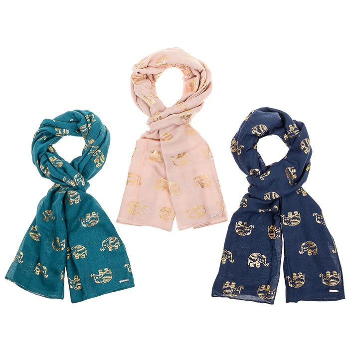 Ladies lightweight gold foil Elephant print ladies Scarf Sarong in choice of colours