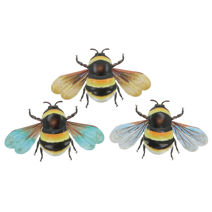 3 x large 30 cm wide mixed colour metal Bees, bright colour garden decoration