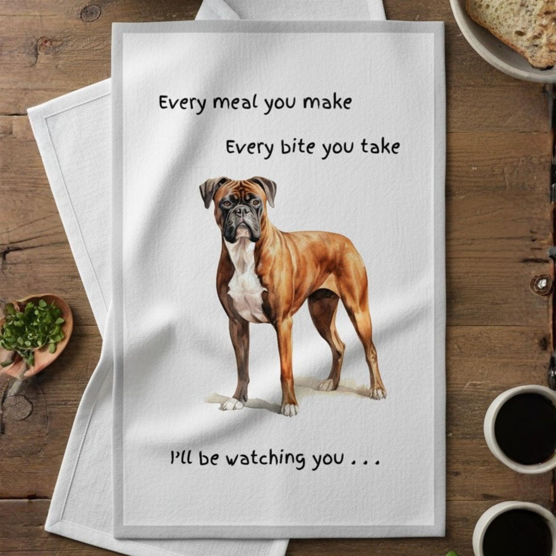 Dog Tea Towel With 'Watching You' Funny Wording (Boxer)