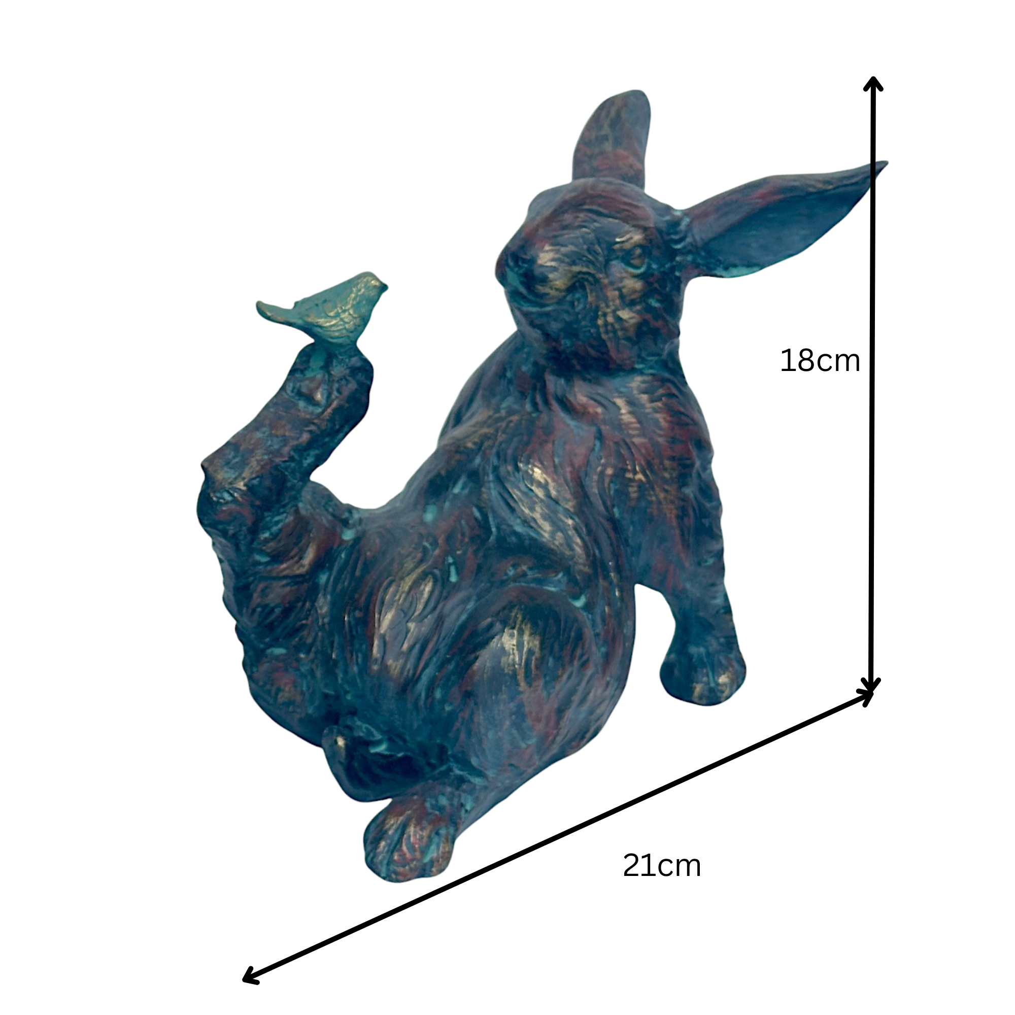 Playful Rabbit with a Bird on Foot figurine, novelty home or garden decoration (21cm)