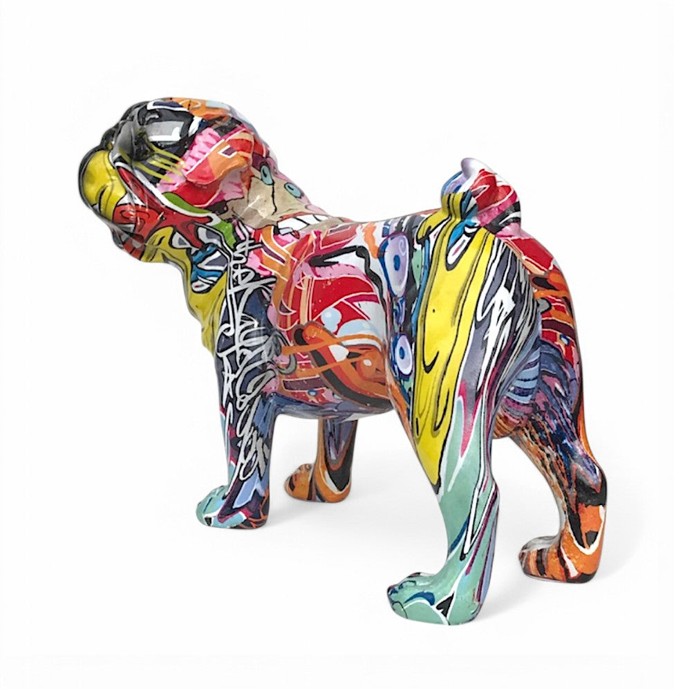 Graffiti Art Pug figurine, bright coloured gloss finish, boxed