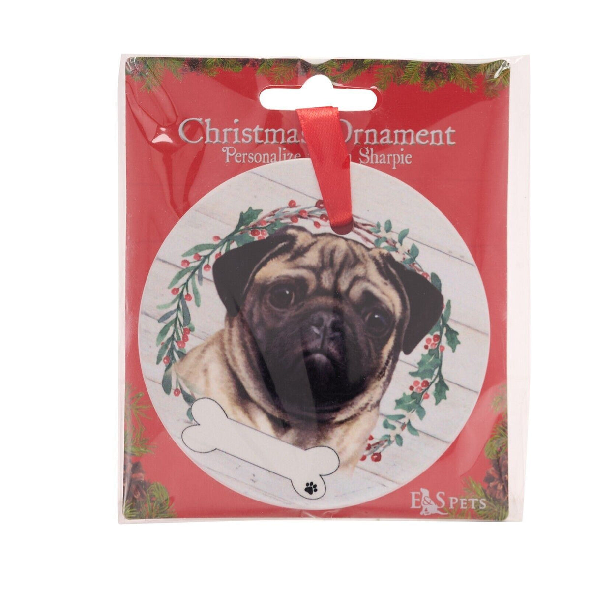 Pug hanging decoration ceramic with space for name dog lover gift memorial