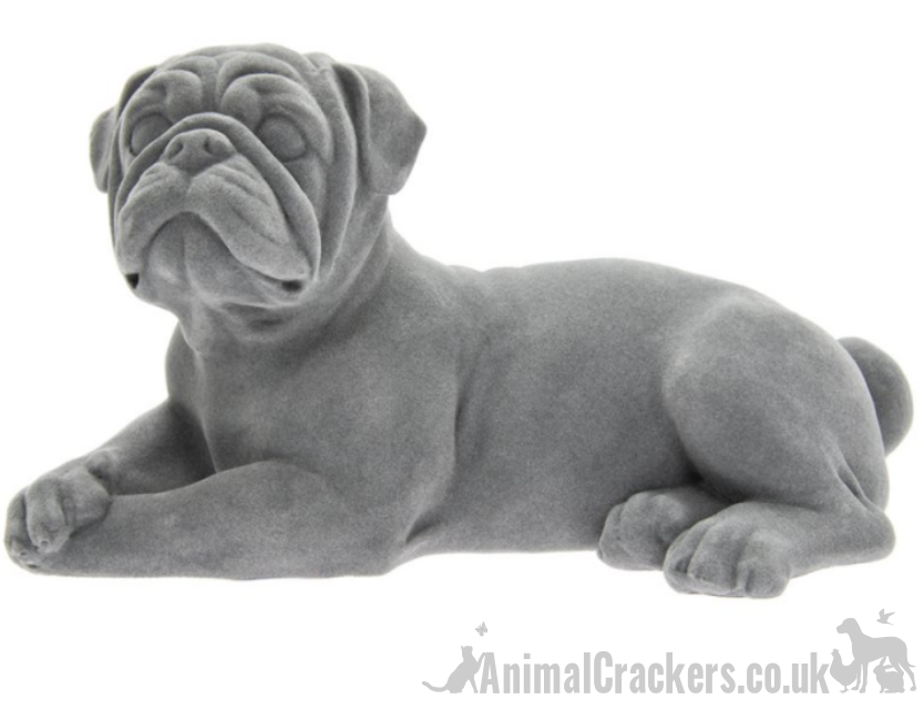 Grey velvet effect laying Pug figurine ornament, Pug lover gift