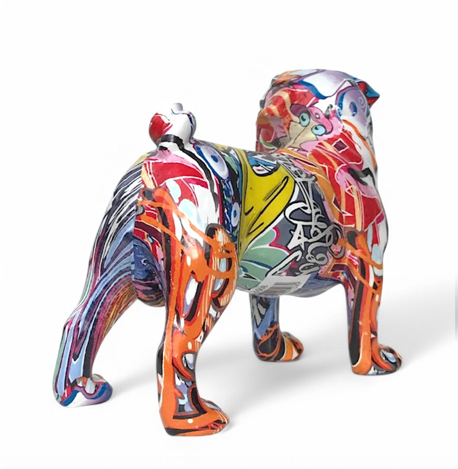 Graffiti Art Pug figurine, bright coloured gloss finish, boxed