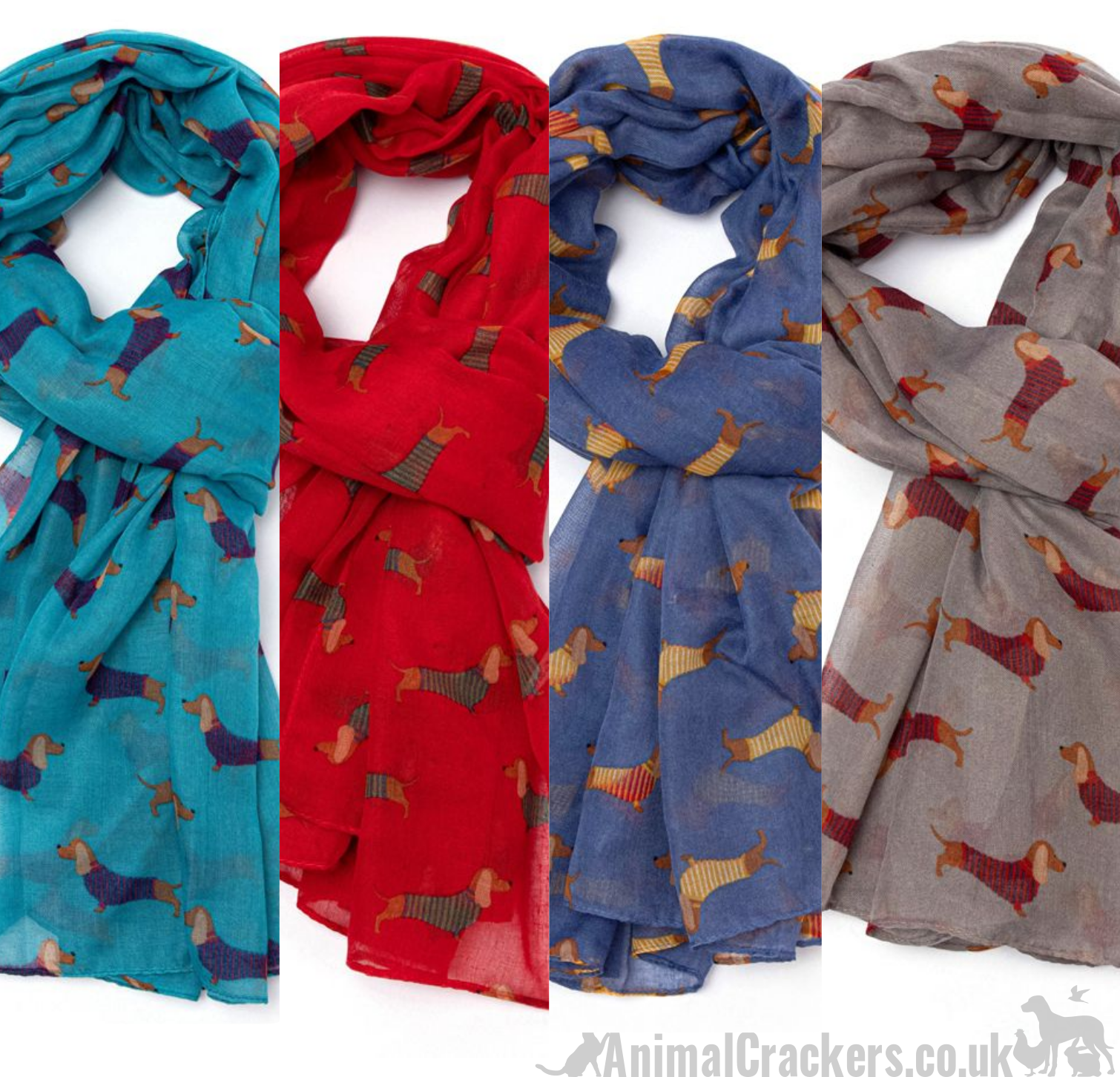 Ladies lightweight Dachshund in Stripy coat design Scarf Sarong in choice of colours, great Sausage Dog lover gift and stocking filler!