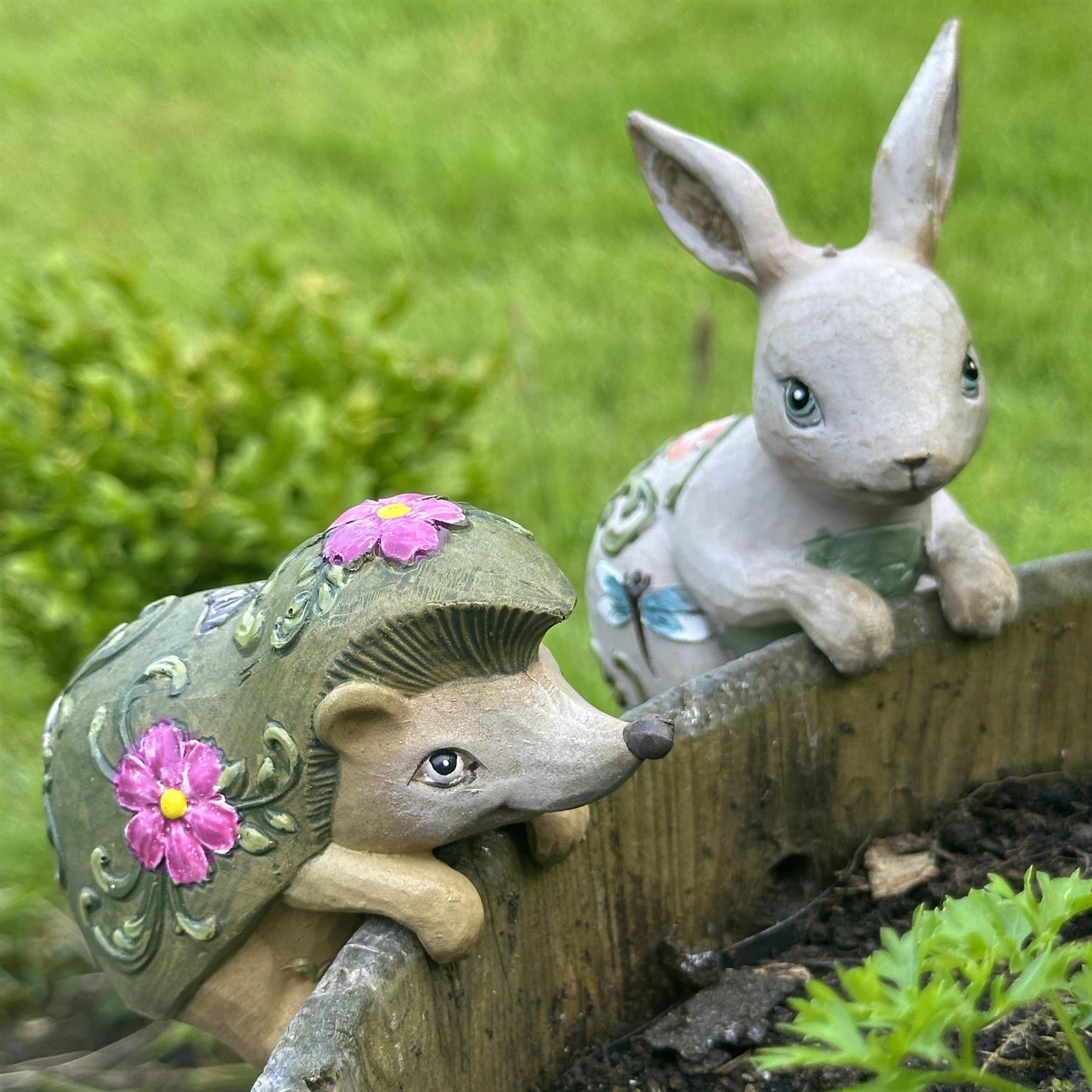 BOX OF FOUR Flower pot hangers, wood effect bohemian colours (2 each of Rabbit & Hedgehog)