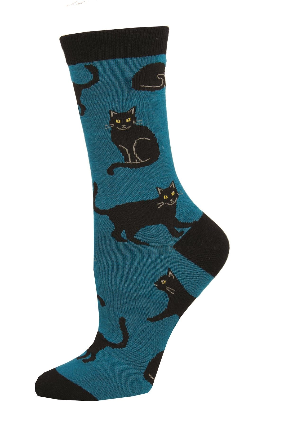 Socksmith 'Black Cat' design Women's quality Bamboo mix crew socks, bright colours and fun design, one size (fits UK size 3 to 8.5)