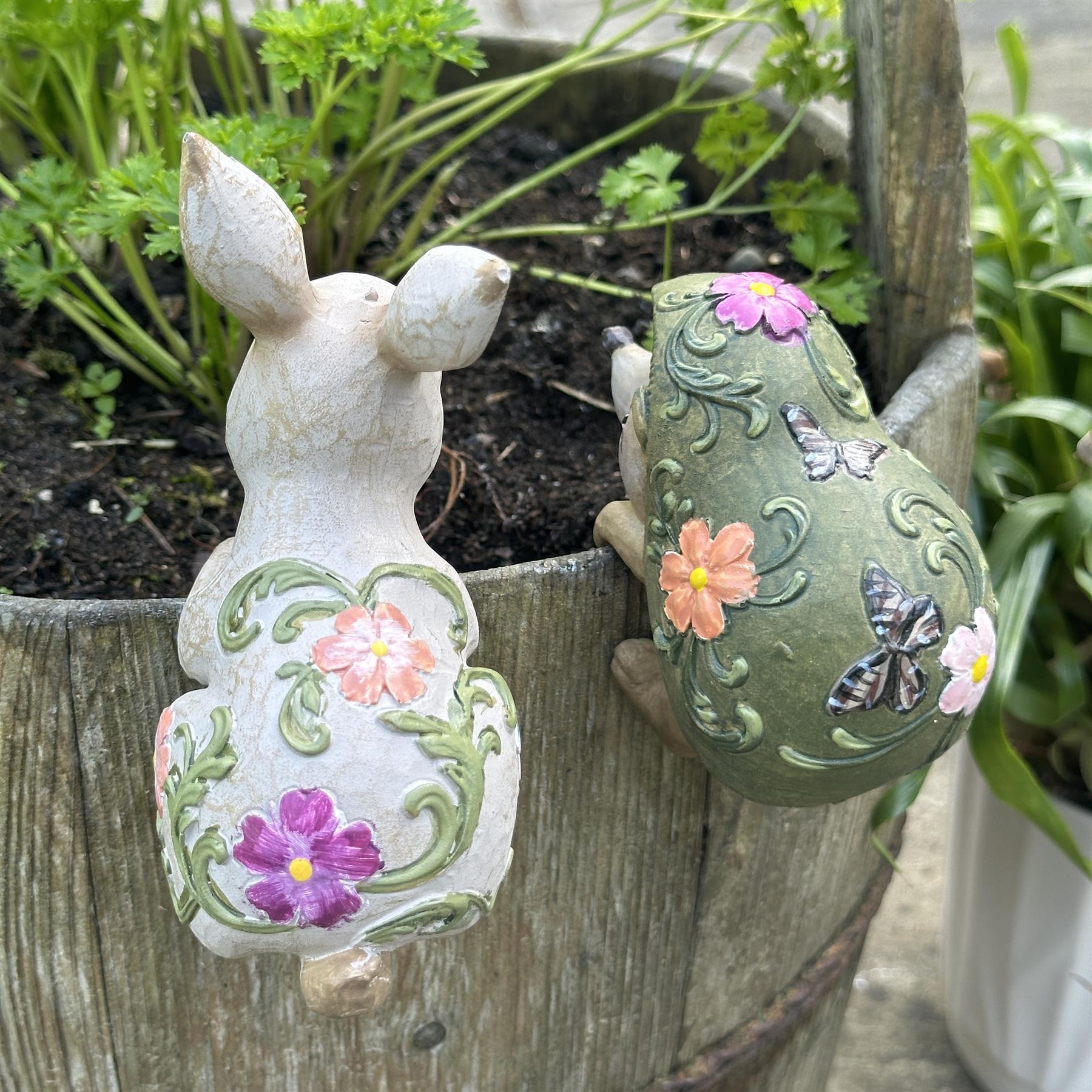BOX OF FOUR Flower pot hangers, wood effect bohemian colours (2 each of Rabbit & Hedgehog)