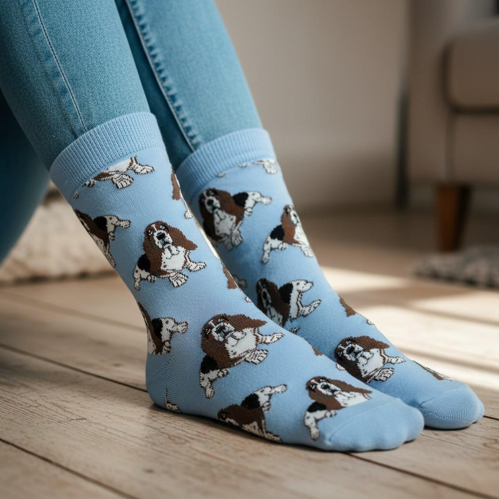 Women's Basset Hound Dog Socks, Plush Cotton Mix, One Size, With Gift Header/Hang Tag