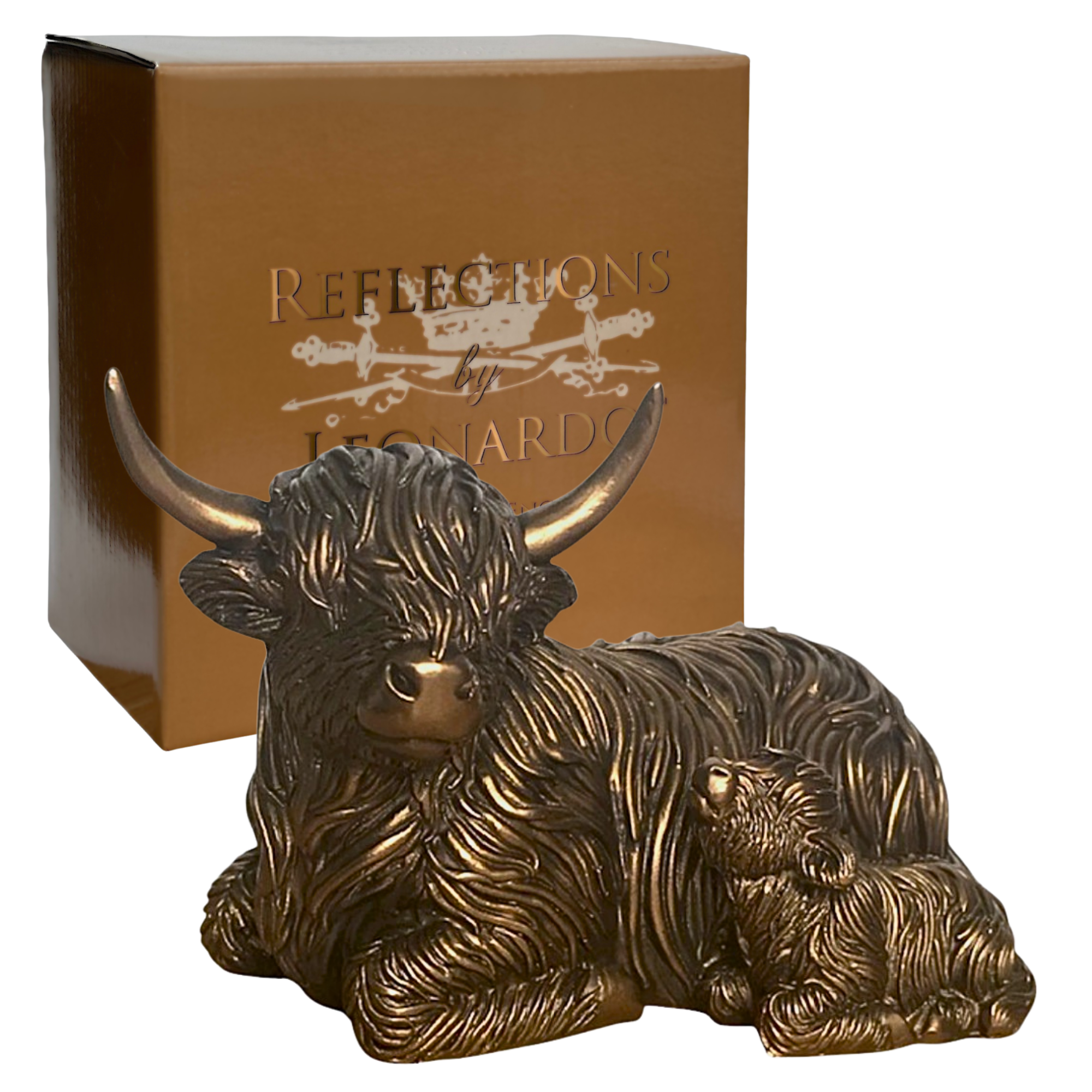 Laying Highland Cow Mother & Calf ornament figurine from the Leonardo Reflections Bronzed range