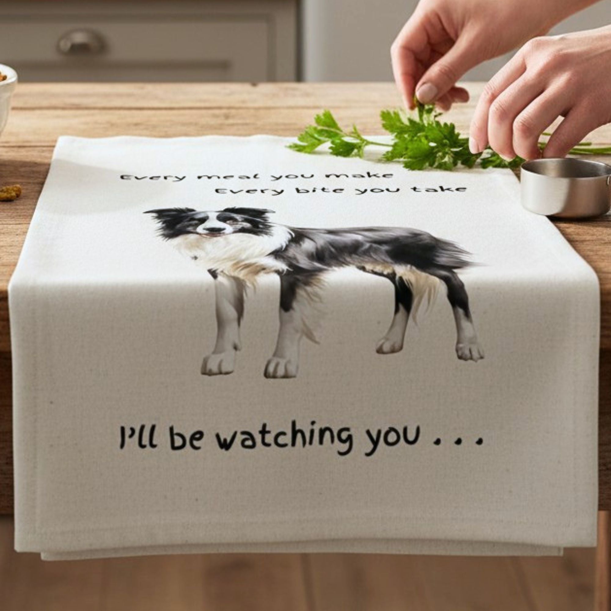 Dog Breed Tea Towel With 'Watching You' Funny Wording (Border Collie)