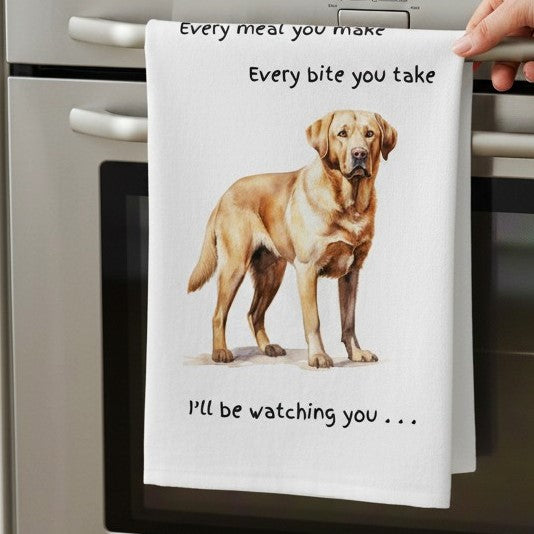 Dog Breed Tea Towel With 'Watching You' Funny Wording (Golden Labrador)