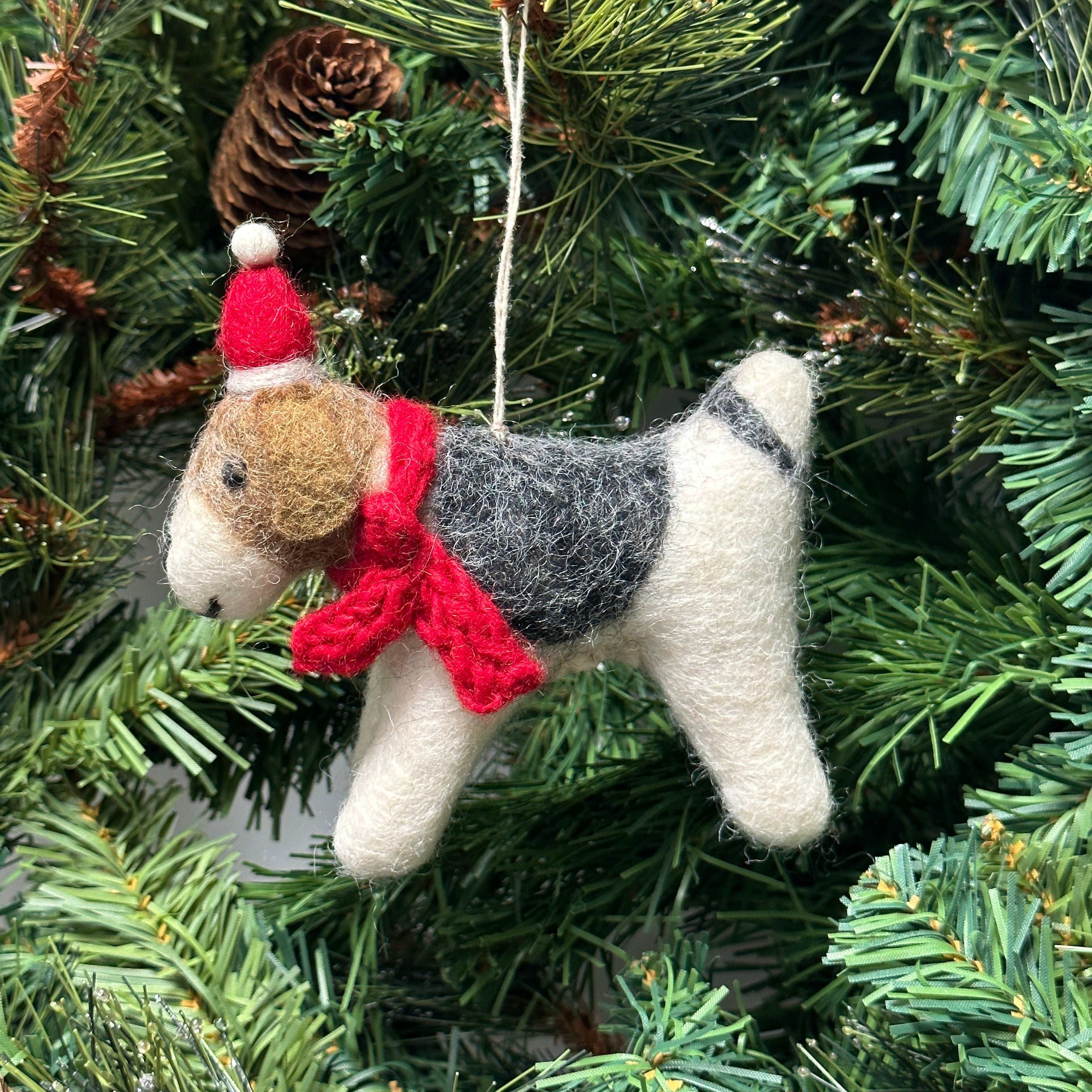 Felt Fox Terrier Dog hanging Christmas tree decoration