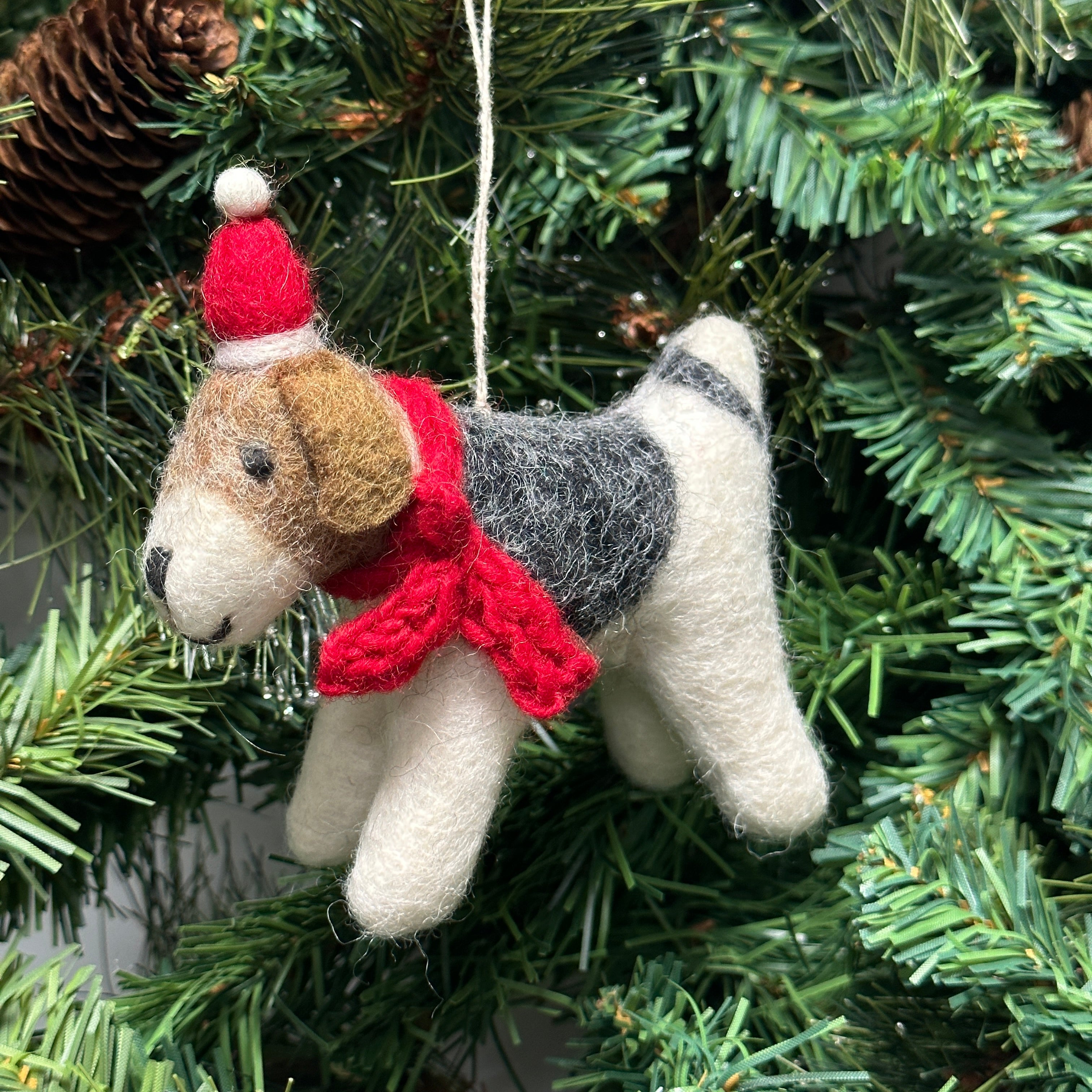 Felt Fox Terrier Dog hanging Christmas tree decoration