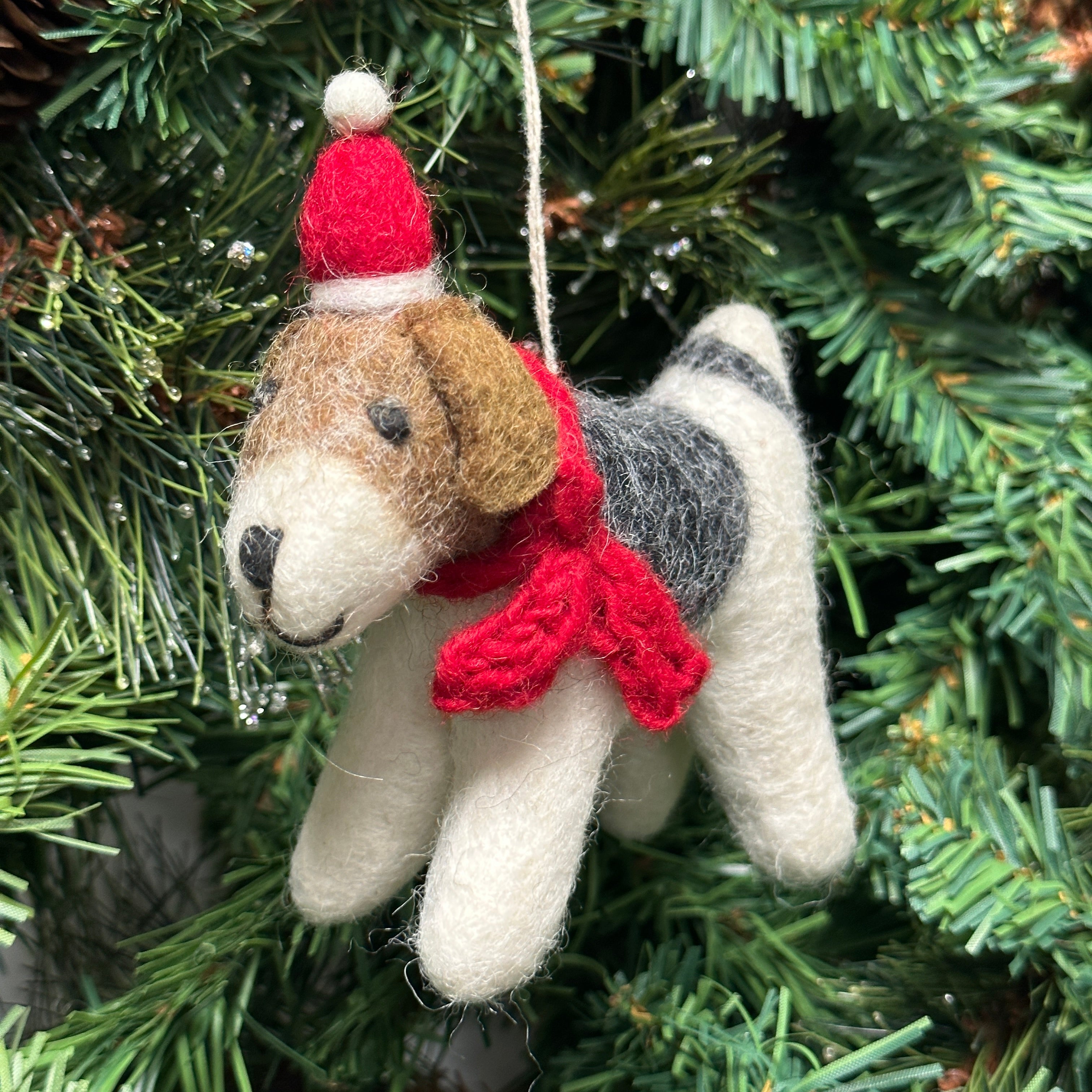 Felt Fox Terrier Dog hanging Christmas tree decoration