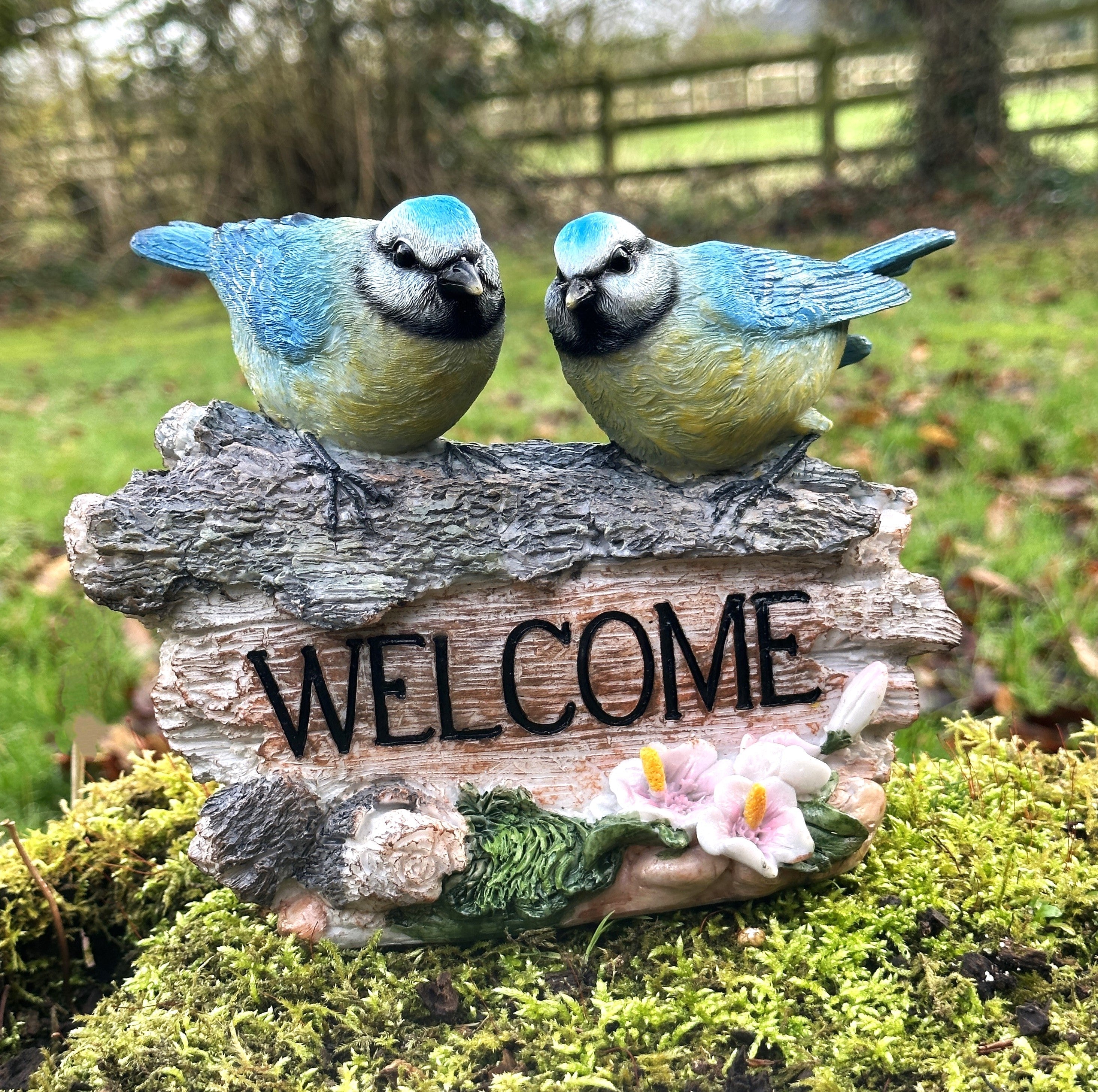 WELCOME Birds (Blue Tits) garden sign, stone effect, garden bird lover gift