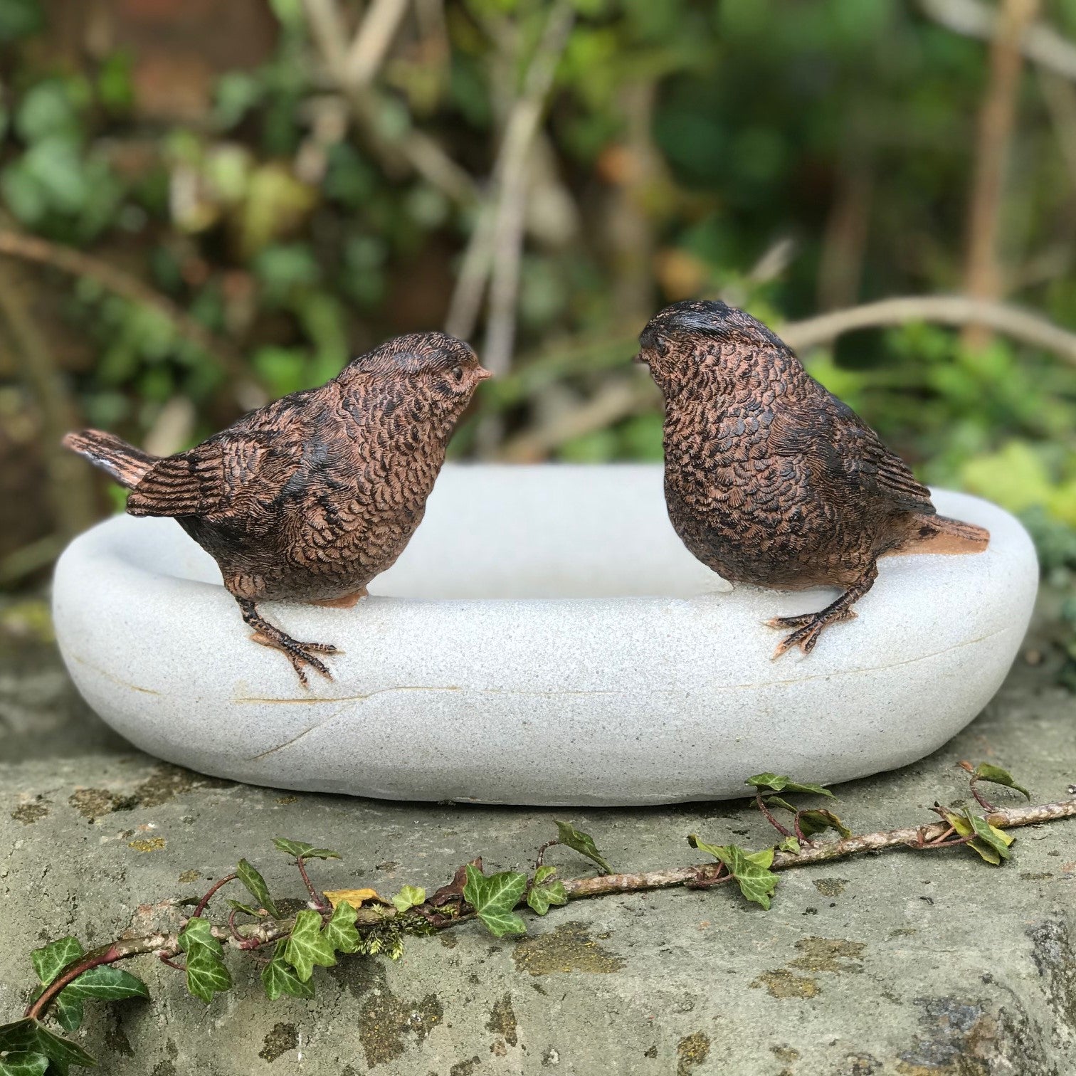 Bird Bath or feeder, aged stone effect bowl with 2 decorative bronze effect wrens. Ideal bird lover gift!