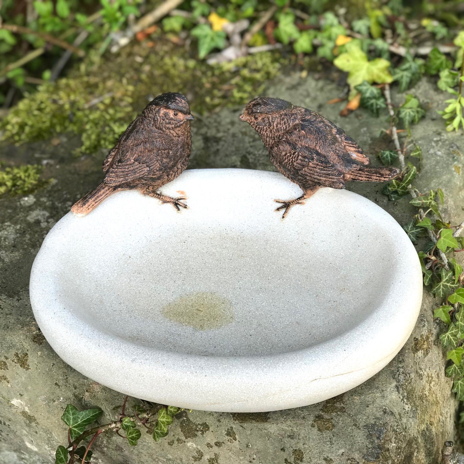 Bird Bath or feeder, aged stone effect bowl with 2 decorative bronze effect wrens. Ideal bird lover gift!