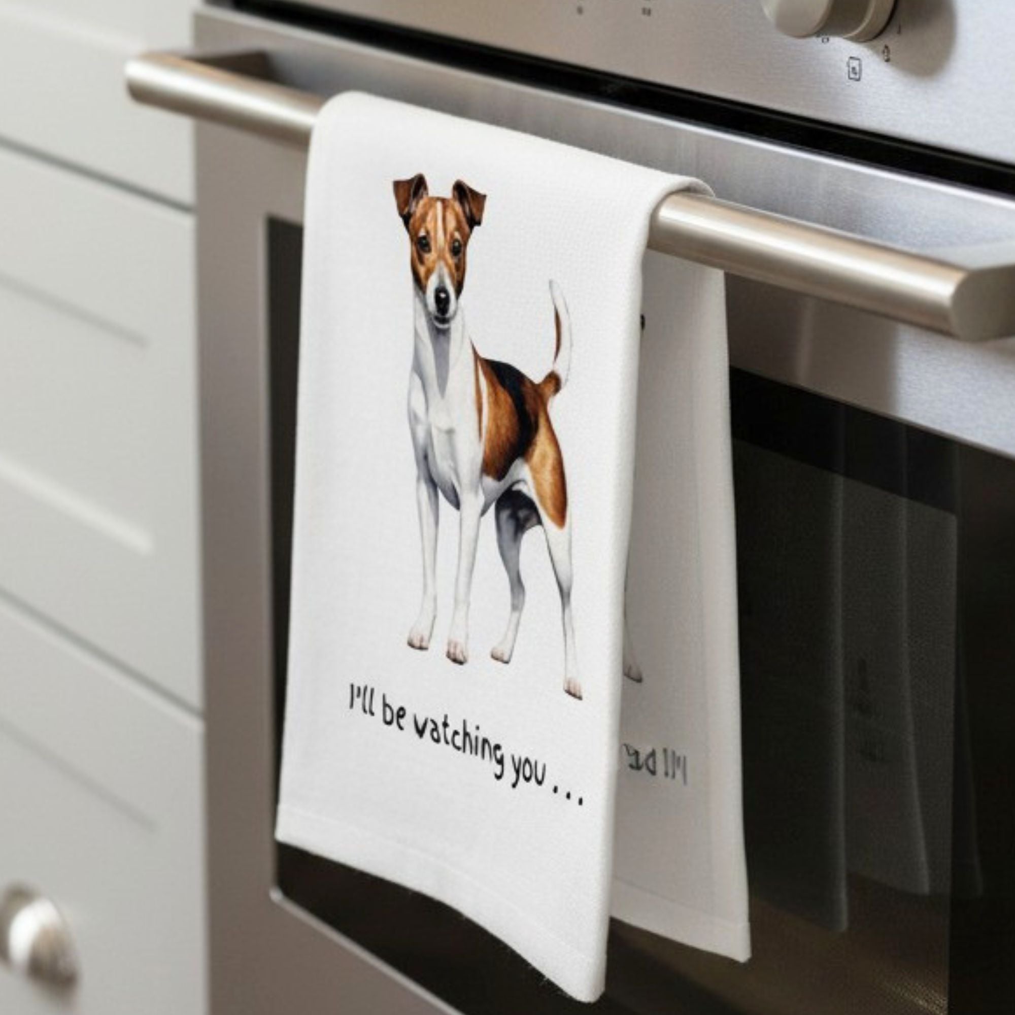 Dog Breed Tea Towel With 'Watching you' funny wording (Jack Russell Terrier)