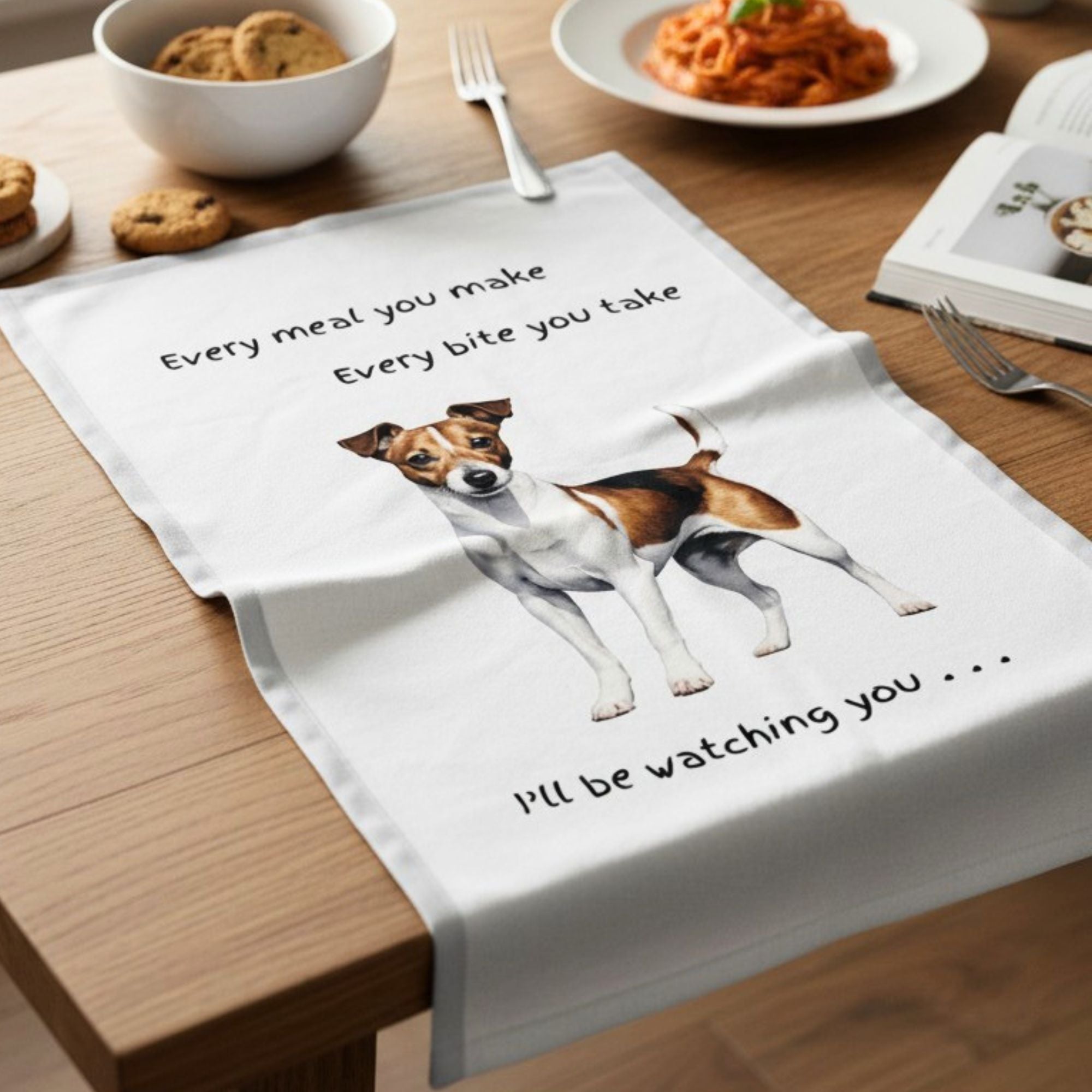 Dog Breed Tea Towel With 'Watching you' funny wording (Jack Russell Terrier)