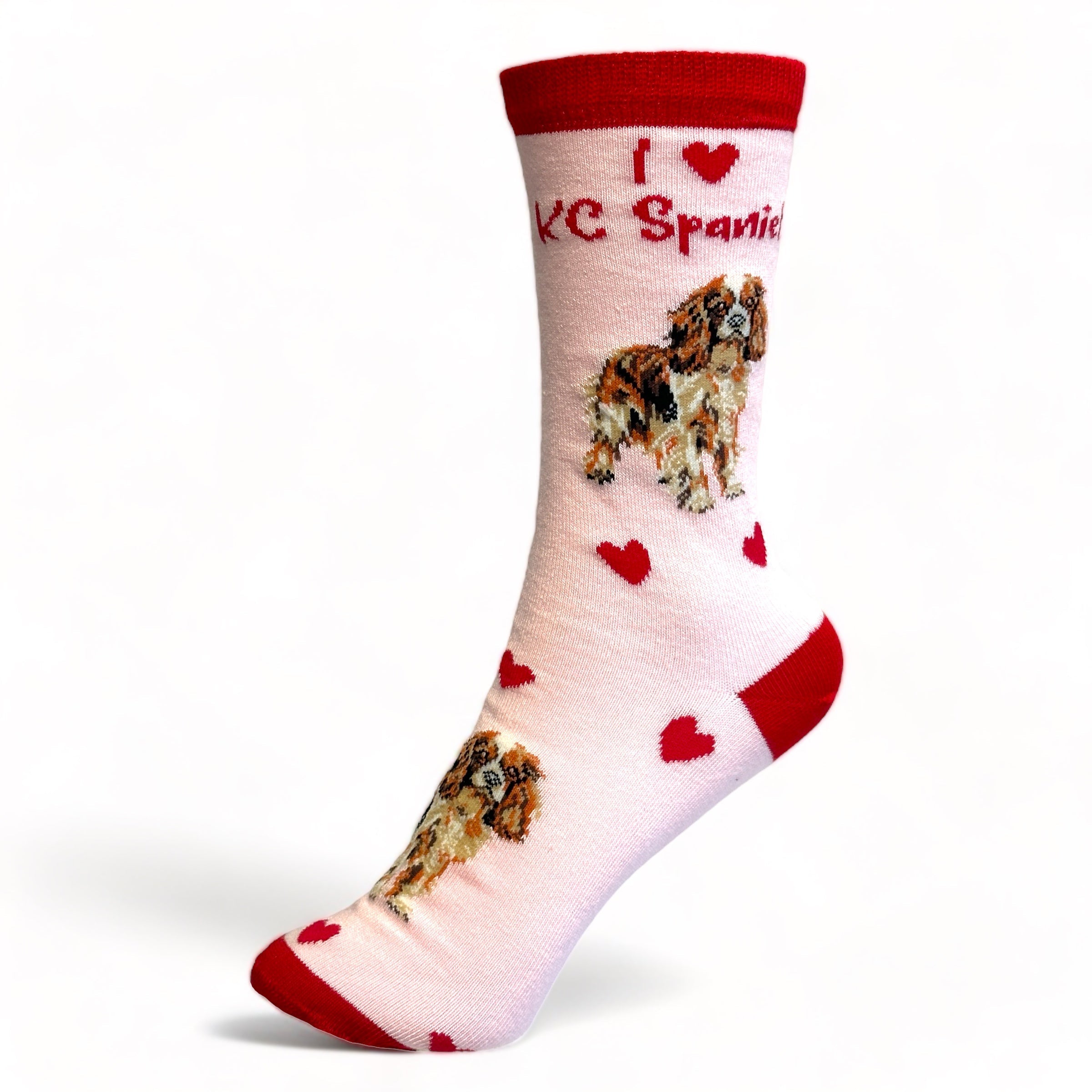 Ladies King Charles Spaniel LOVE DOGS socks with cute dog image and hearts design, one size, quality cotton mix, novelty dog lover gift