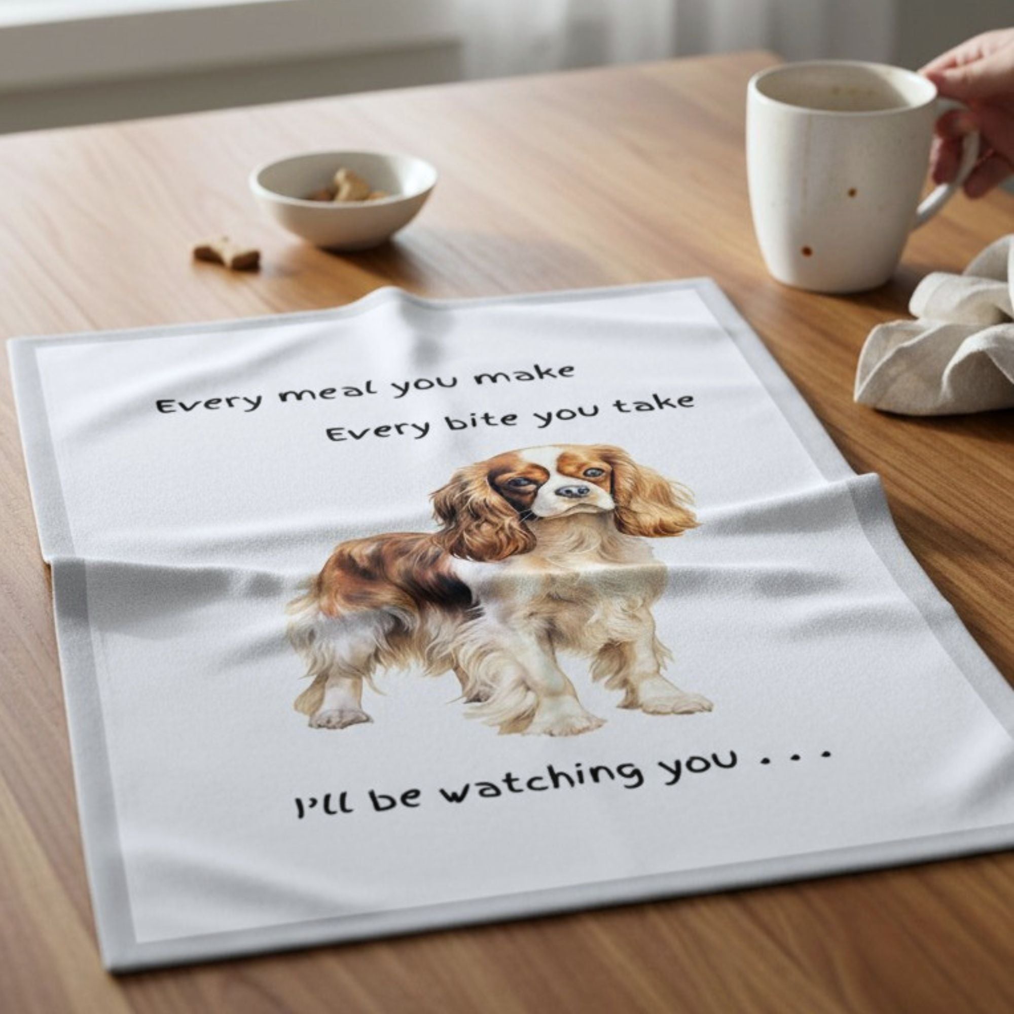 Dog Breed Tea Towel With 'Watching You' Funny Wording (King Charles Spaniel)