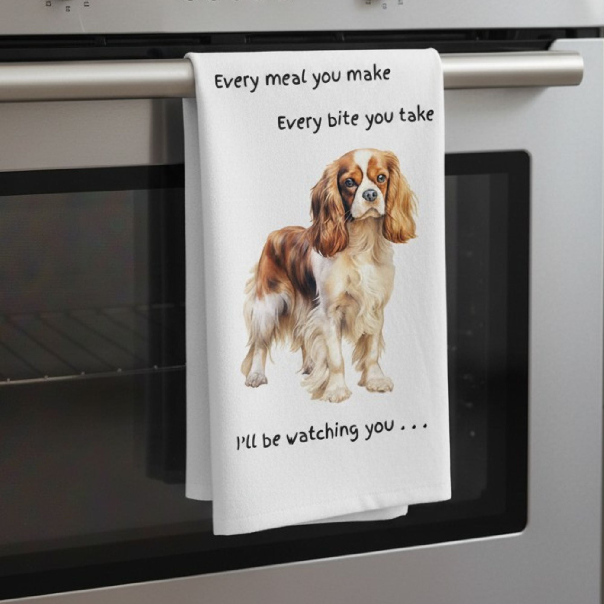 Dog Breed Tea Towel With 'Watching You' Funny Wording (King Charles Spaniel)