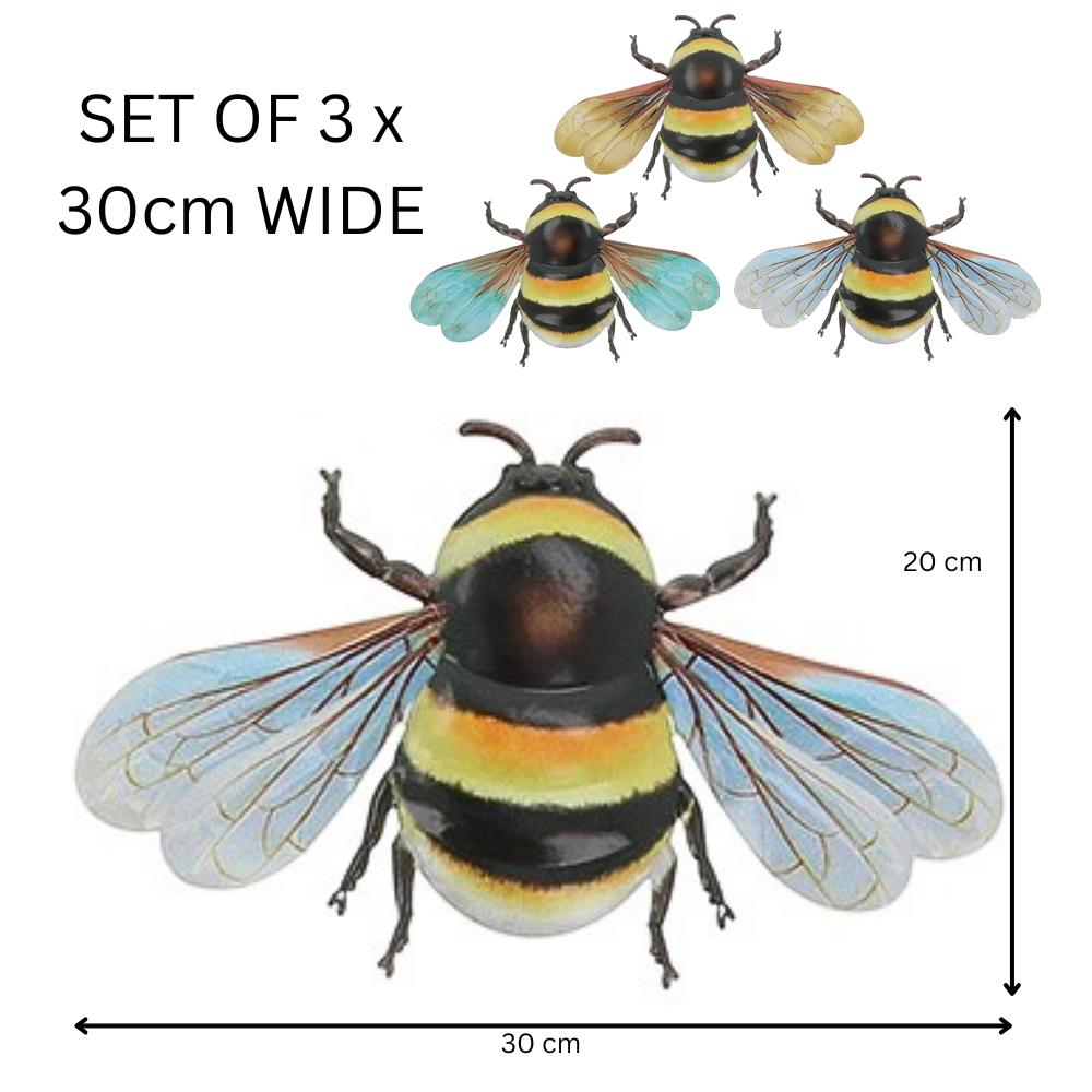3 x large 30 cm wide mixed colour metal Bees, bright colour garden decoration