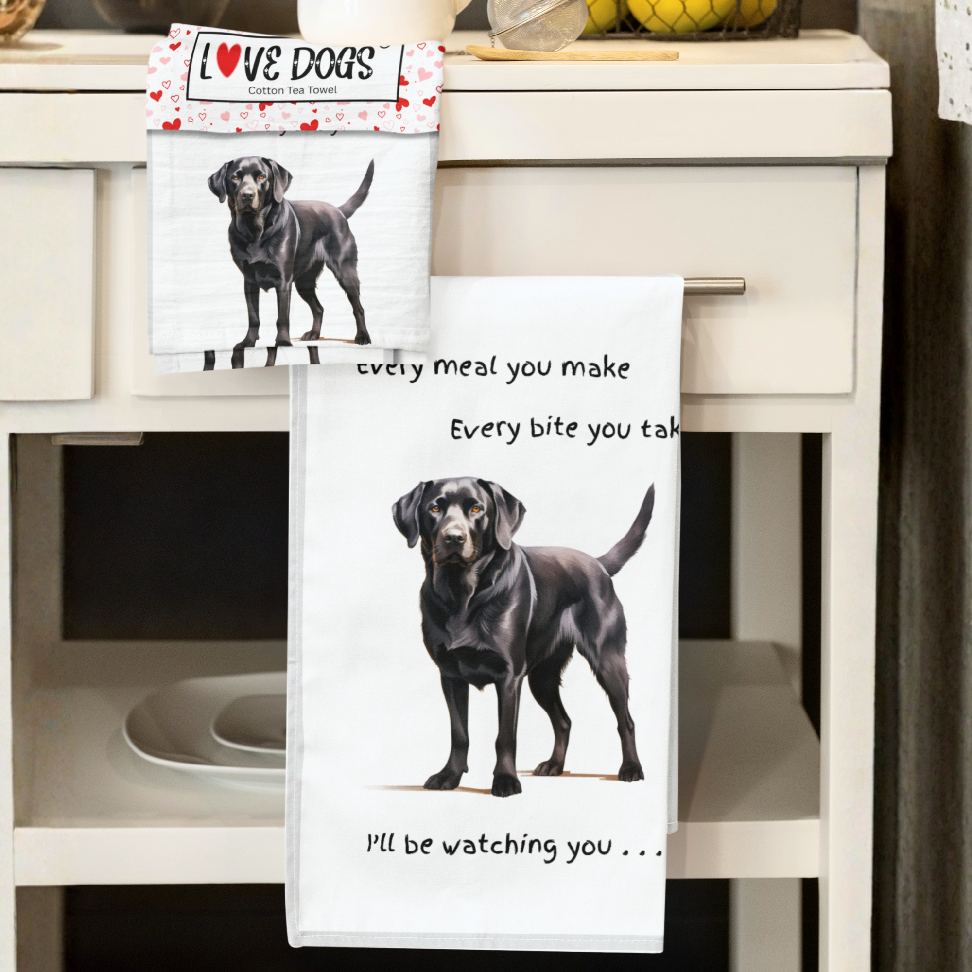 Dog lover novelty Tea Towel, with Dog Breed image and 'Watching you' funny wording, quality cotton, 66cm (Black Labrador)