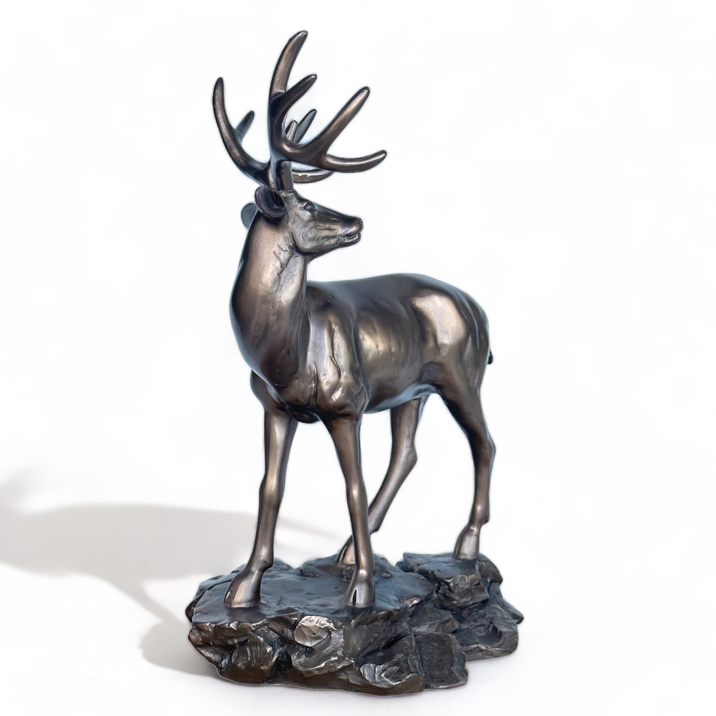 Stag on Rocks figurine in cold cast bronze, 28cm high