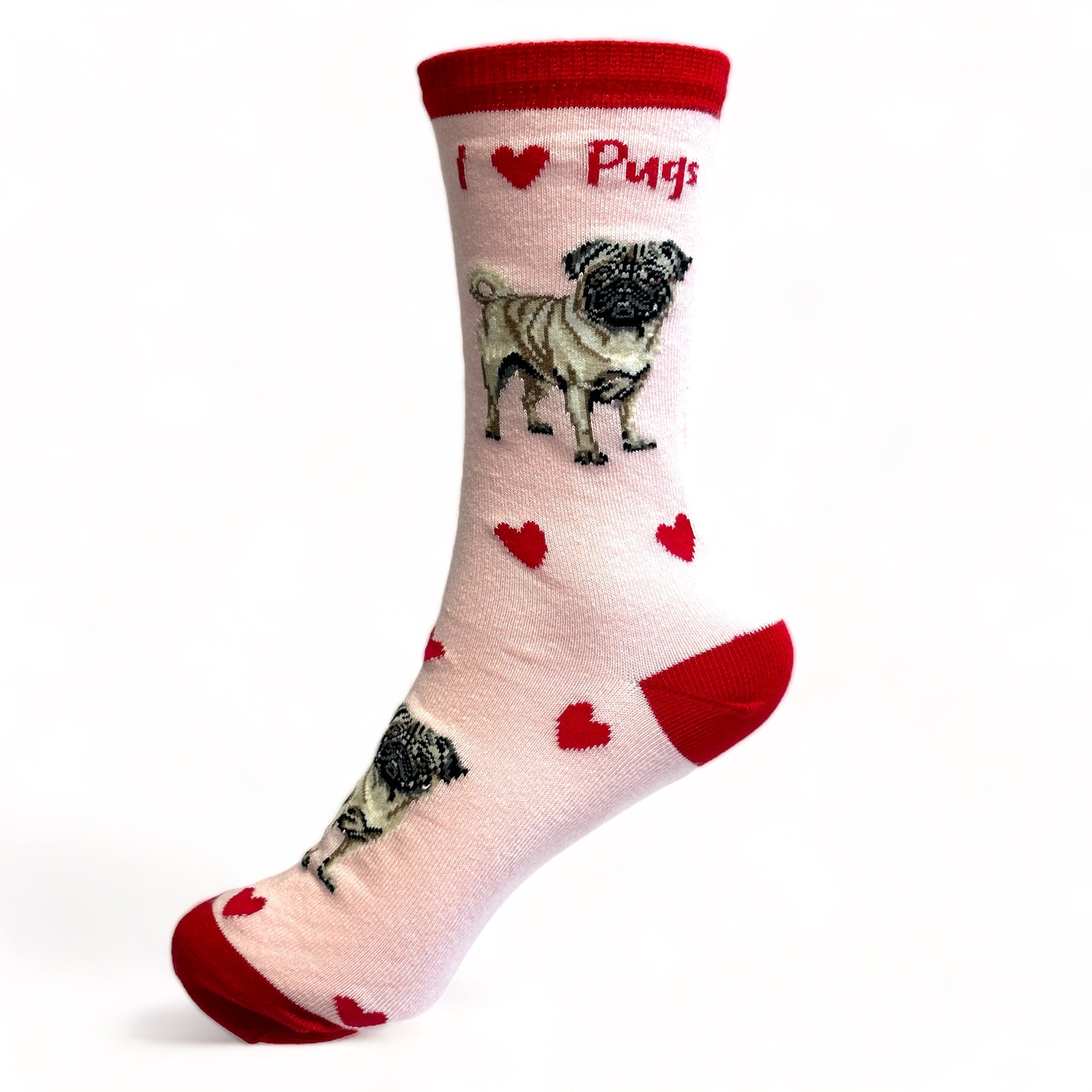 Ladies Pug LOVE DOGS socks with cute dog image and hearts design, one size, quality cotton mix, novelty dog lover gift