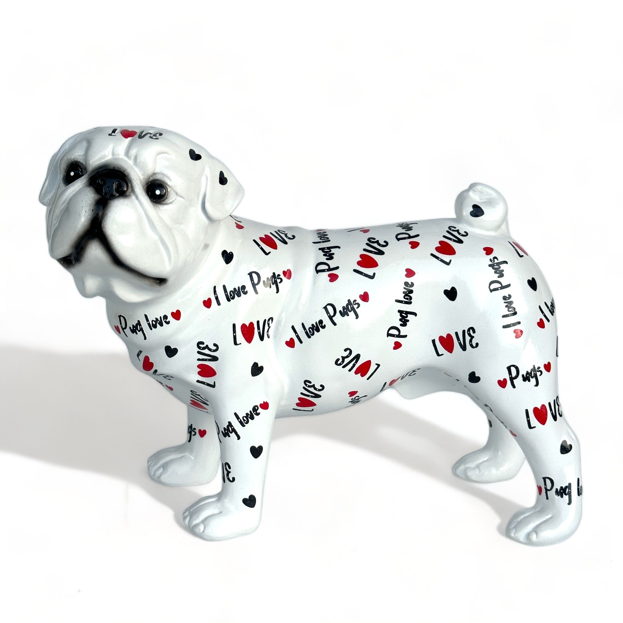 LOVE DOGS Pug figurine, Love Pugs text & hearts design, 23cm