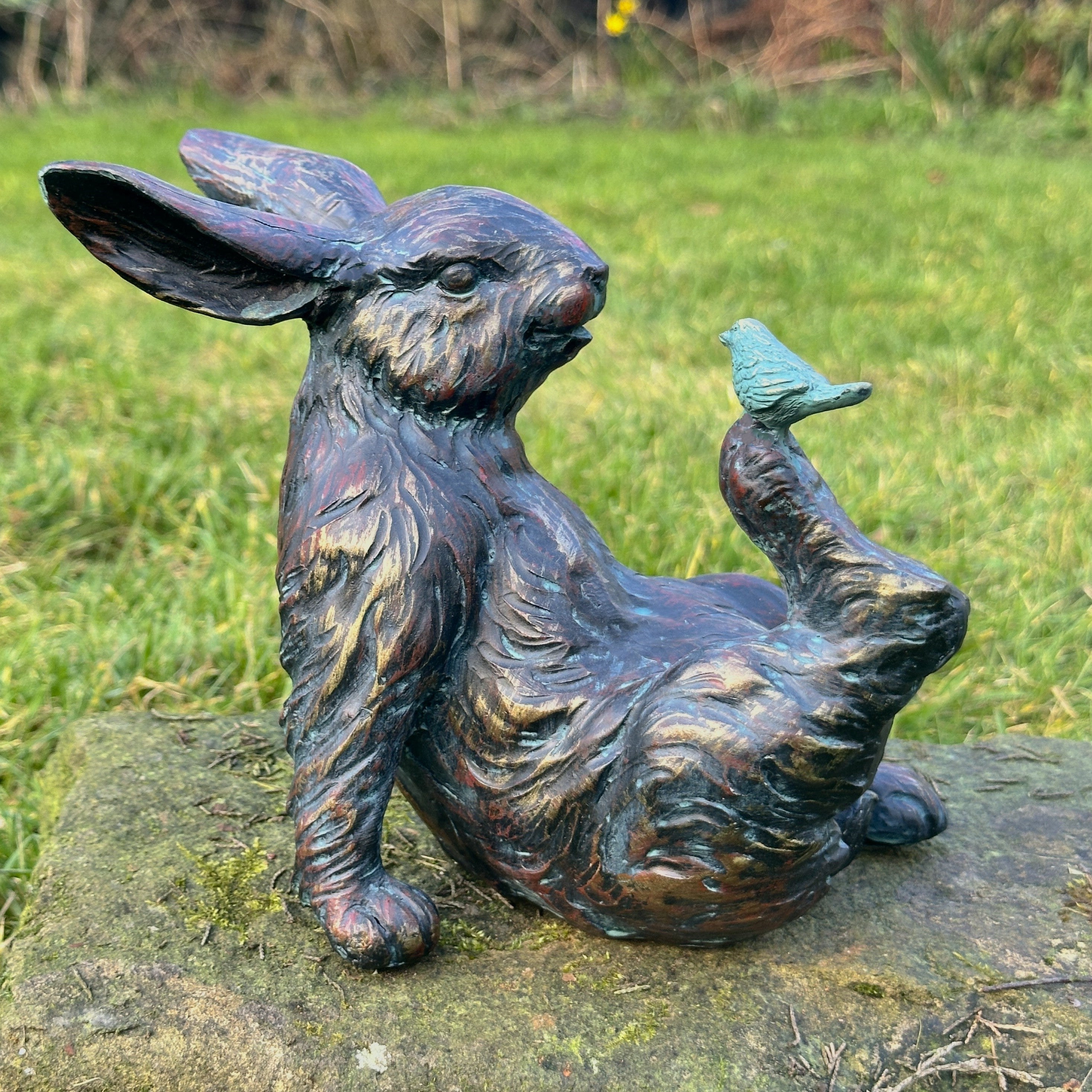 Playful Rabbit with a Bird on Foot figurine, novelty home or garden decoration (21cm)