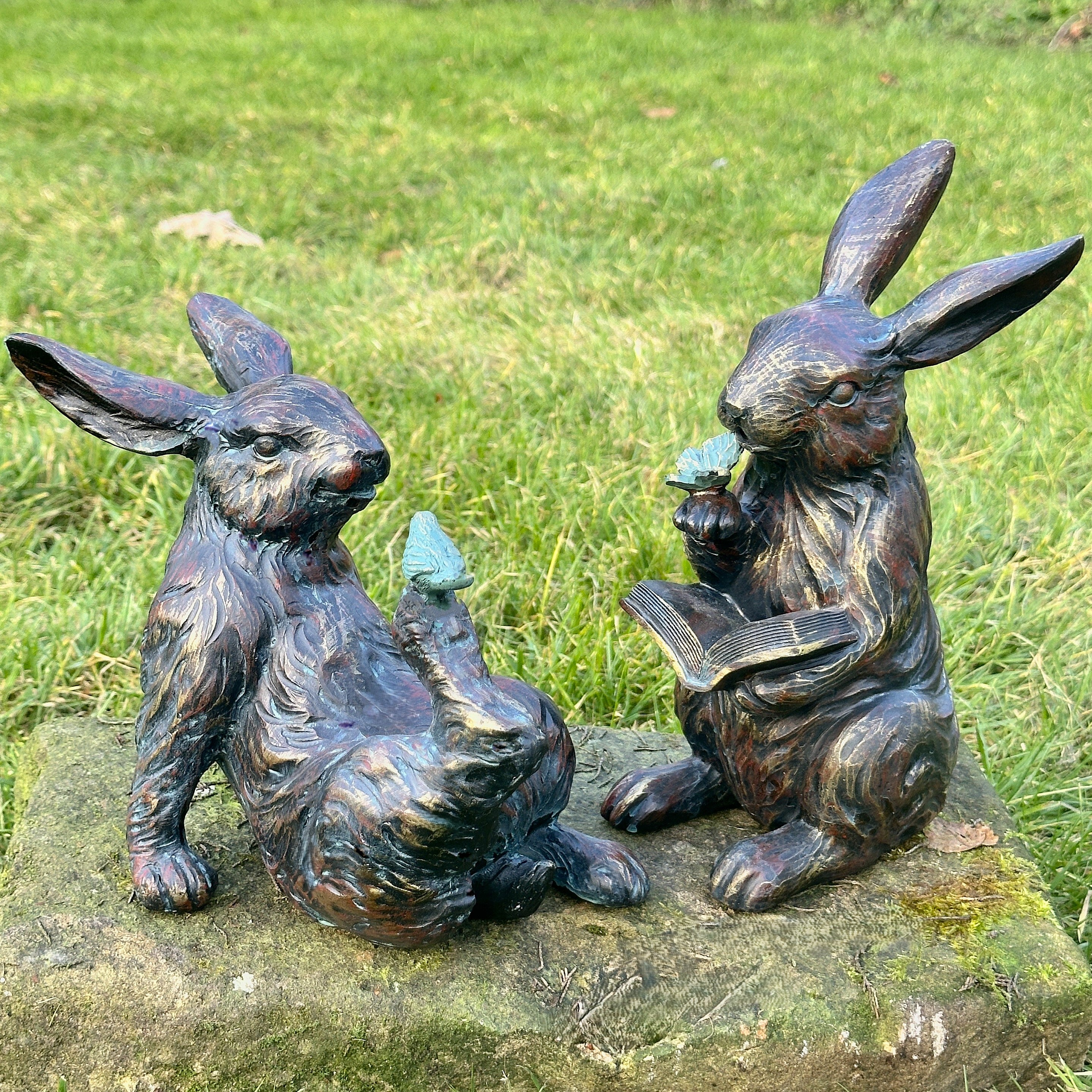 Rabbit Reading a Book, quirky home or garden decoration, bronze effect (23cm)