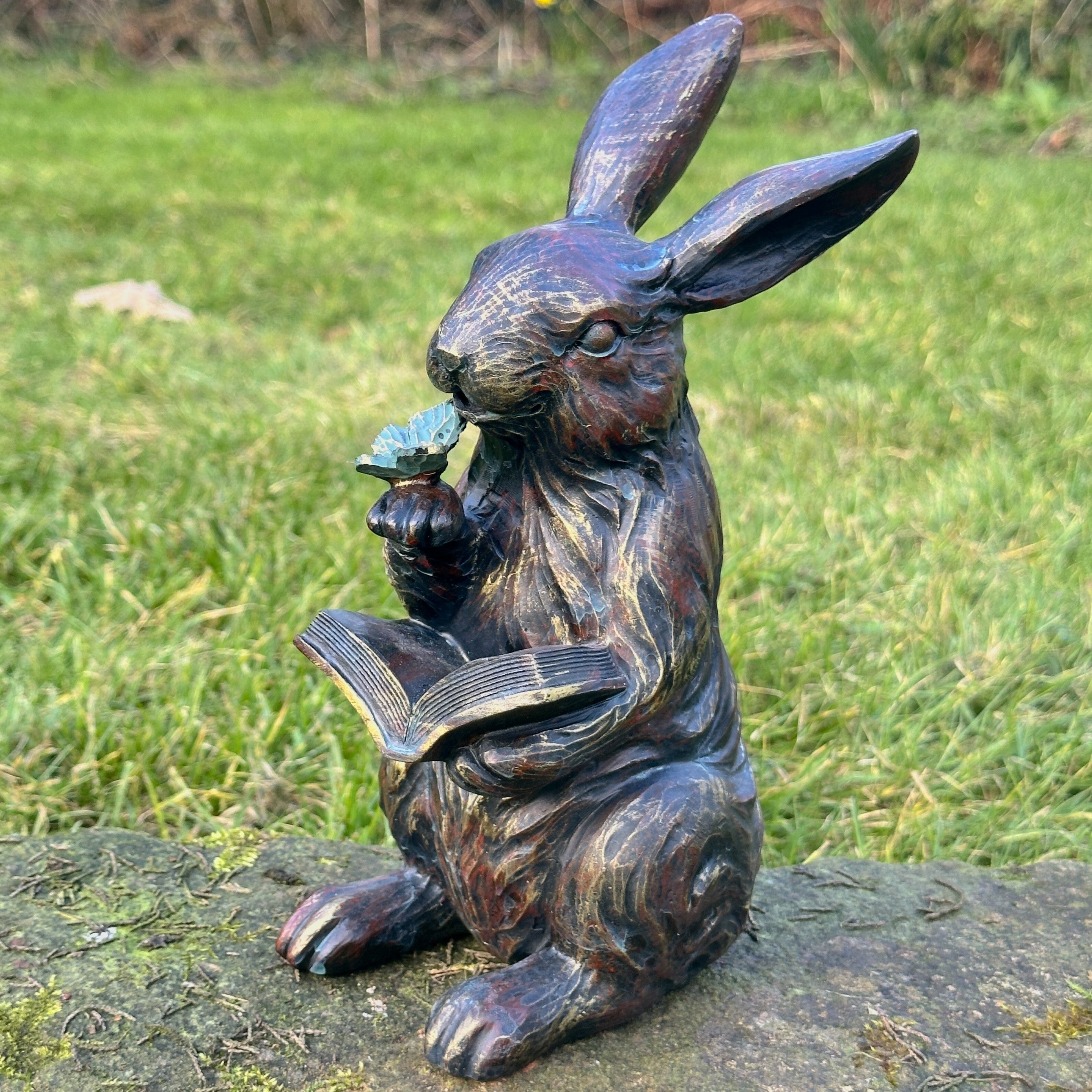 Rabbit Reading a Book, quirky home or garden decoration, bronze effect (23cm)