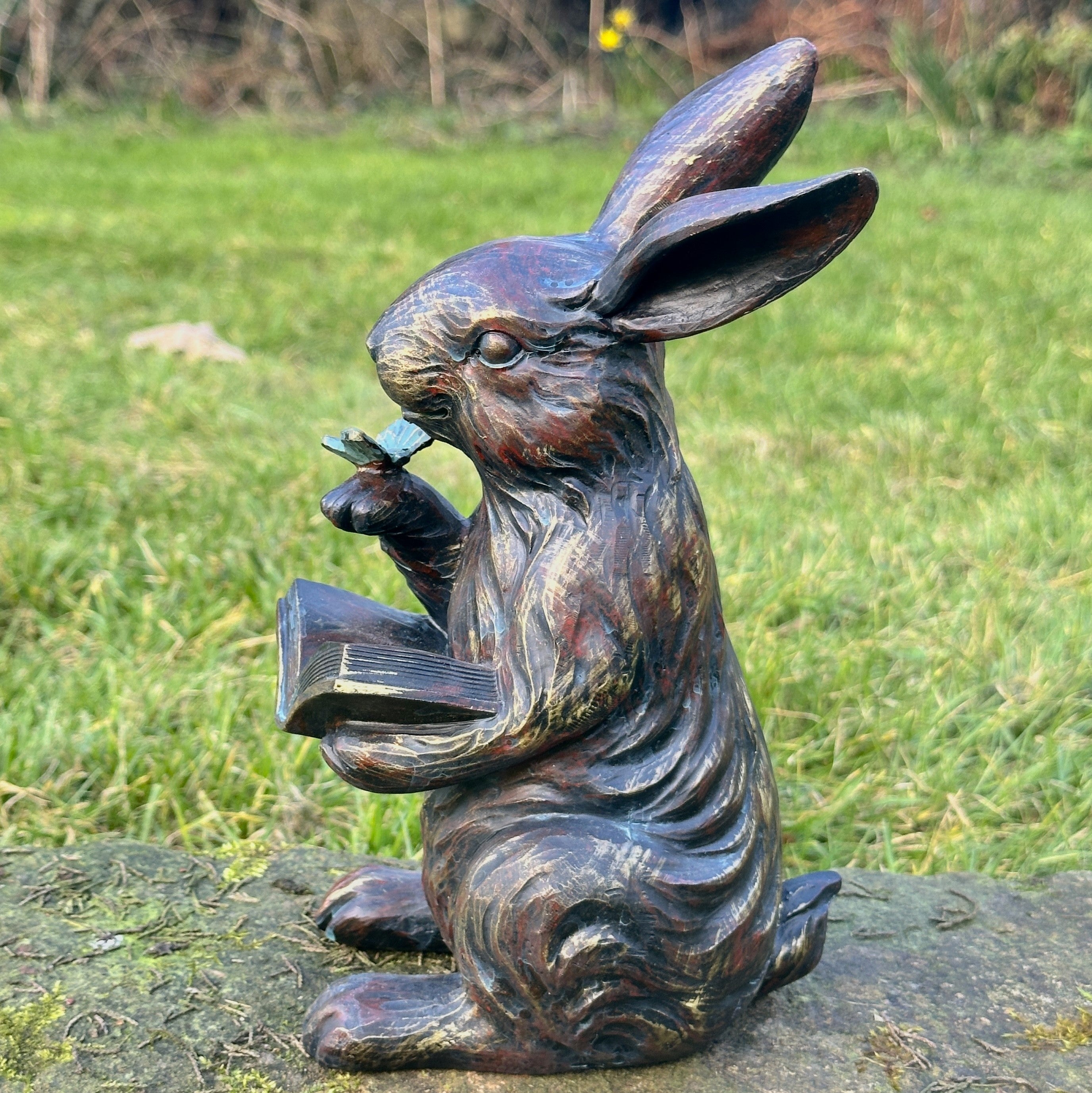 Rabbit Reading a Book, quirky home or garden decoration, bronze effect (23cm)