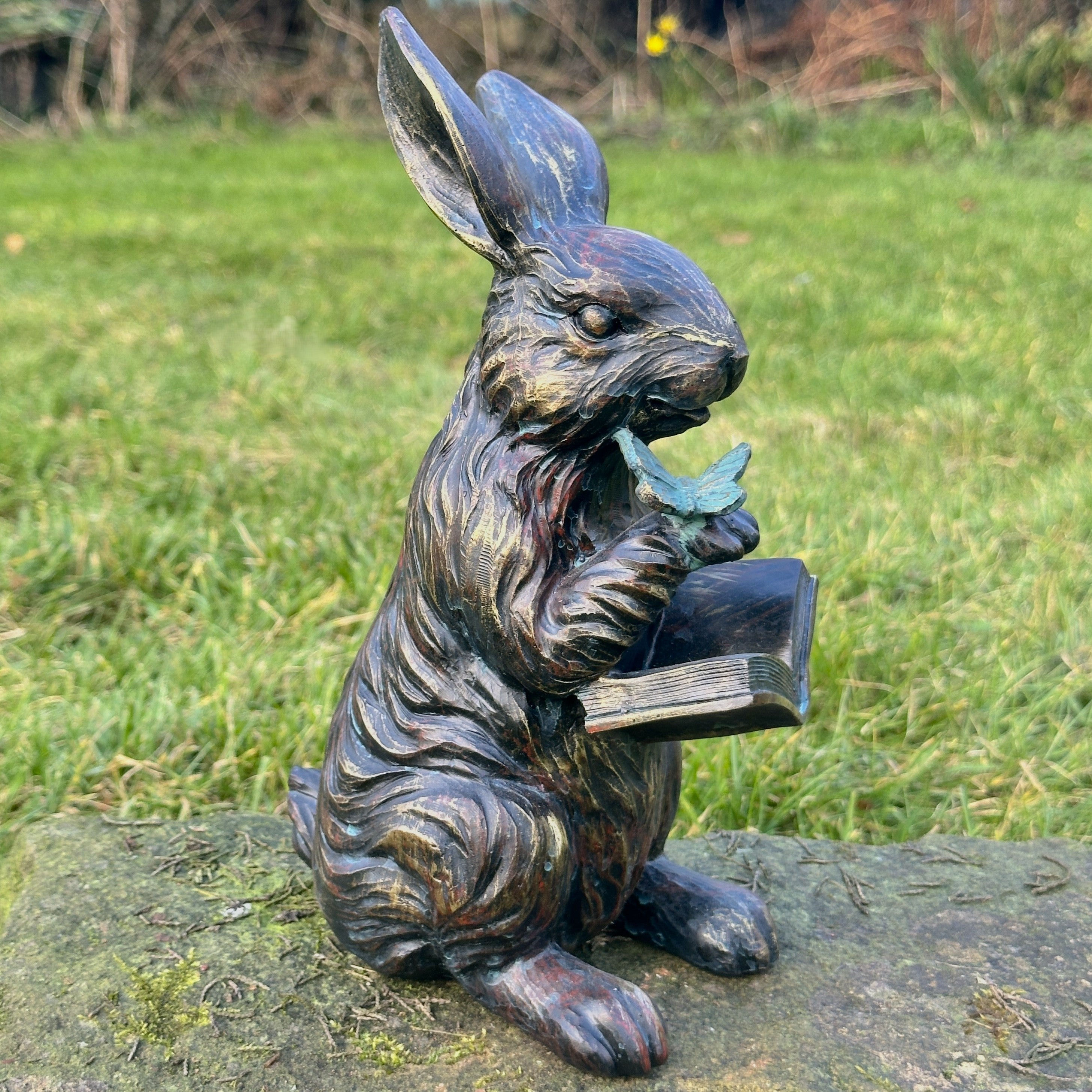 Rabbit Reading a Book, quirky home or garden decoration, bronze effect (23cm)