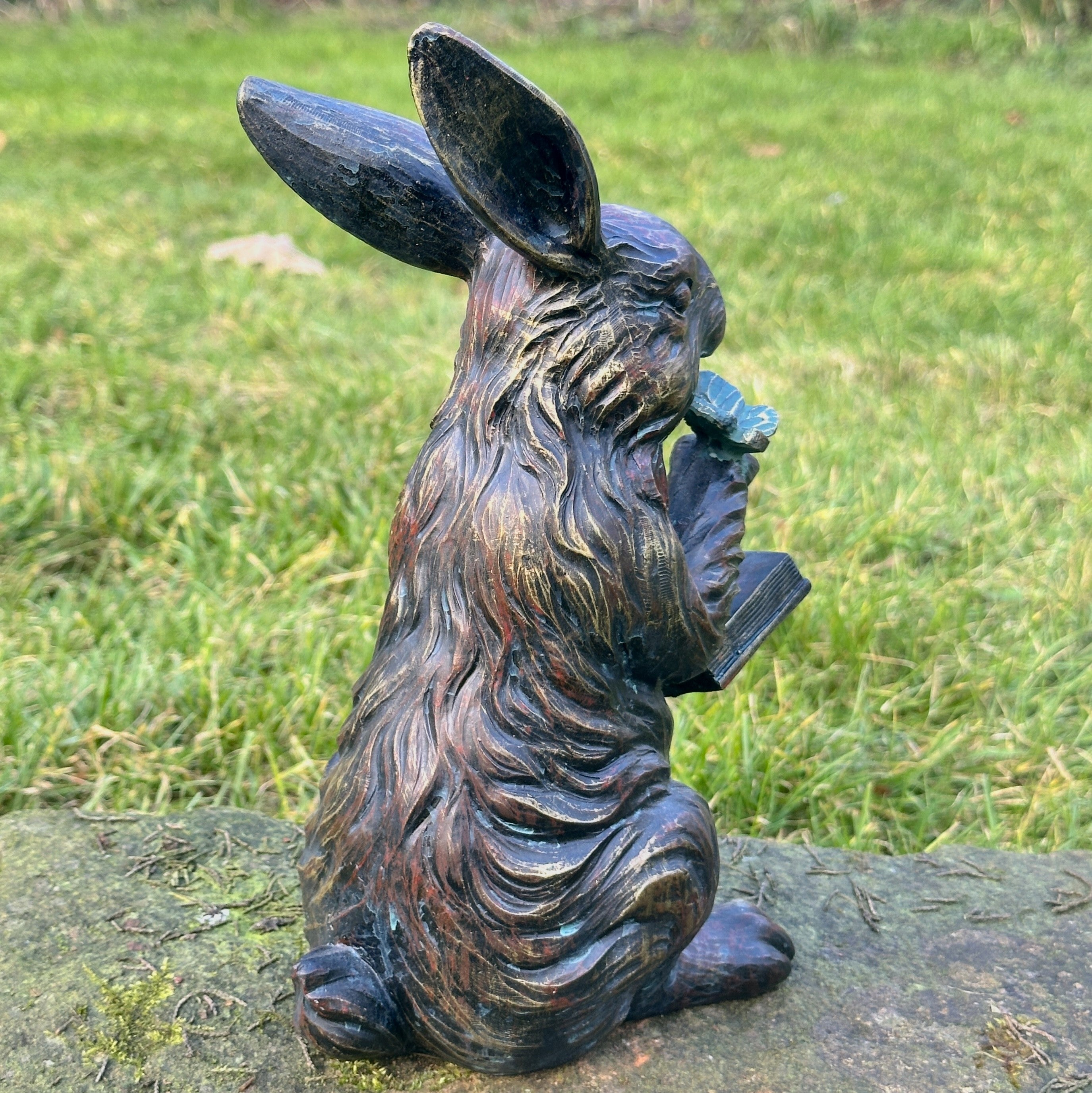 Rabbit Reading a Book, quirky home or garden decoration, bronze effect (23cm)