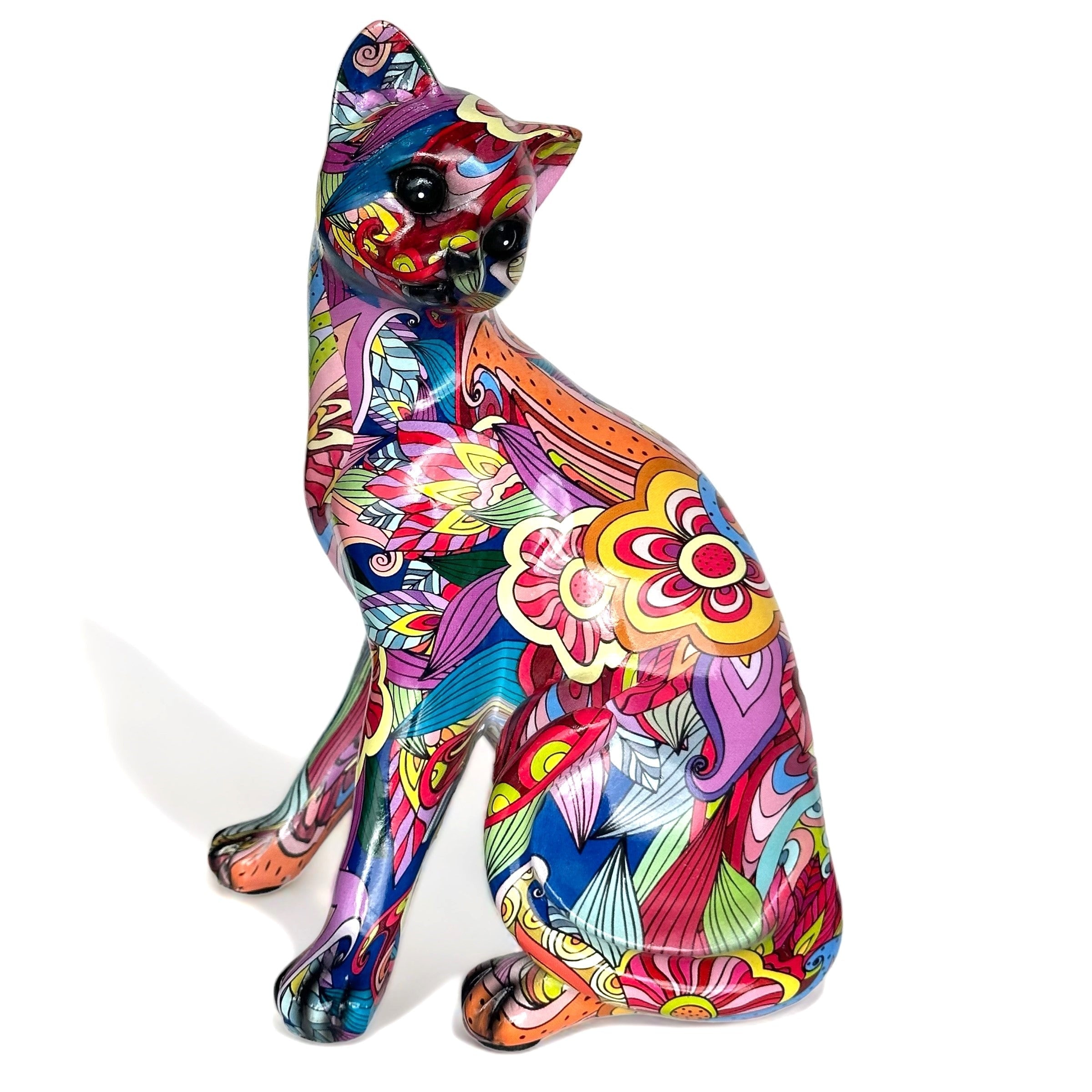 Medium Groovy Art glossy bright coloured Sitting Cat ornament figurine Cat lover gift (22cm)