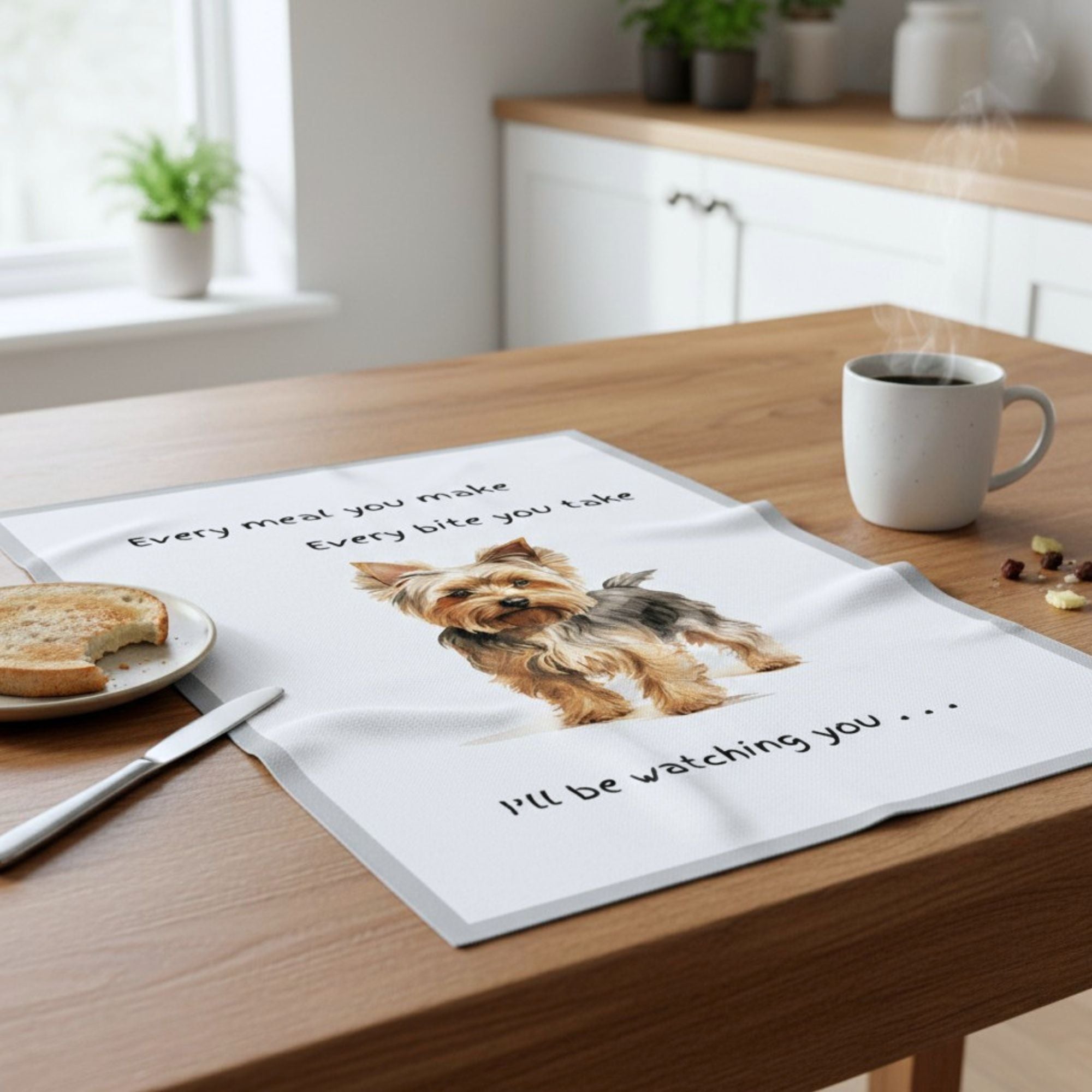 Dog Breed Tea Towel With 'Watching You' Funny Wording (Yorkshire Terrier)