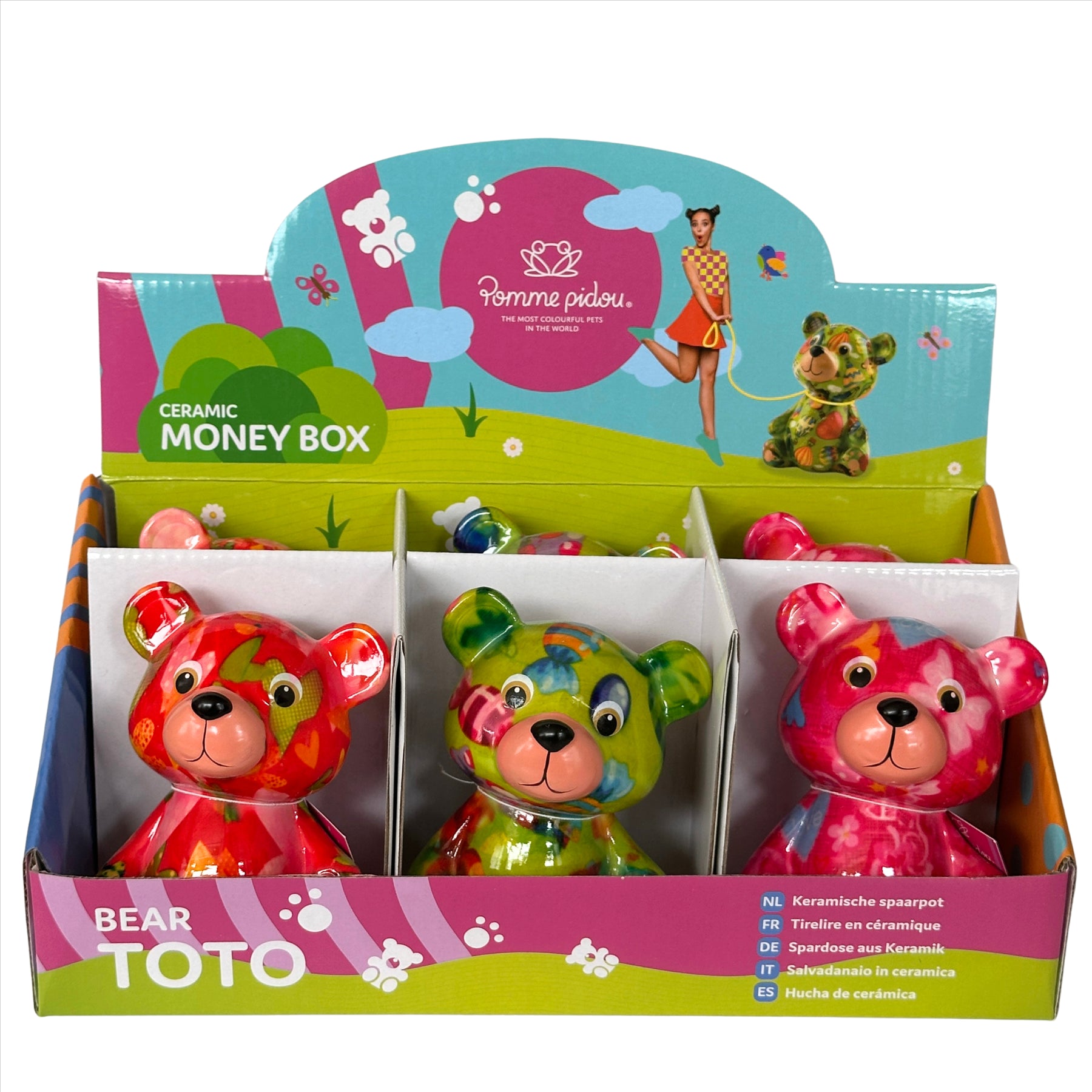Pomme Pidou mini 'Toto' bright coloured ceramic Teddy Bear shaped Money Box (6  PACK IN DISPLAY BOX)