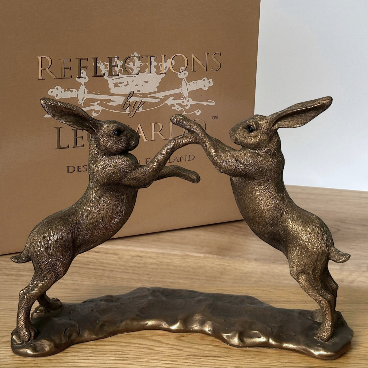 Bronze effect Boxing Hares ornament figurine Leonardo bronzed range, gift boxed