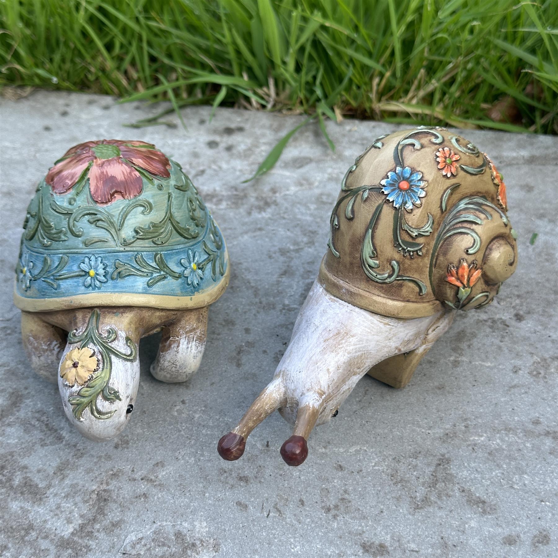 BOX OF FOUR Flower pot hangers, wood effect bohemian colours (2 each of Tortoise & Snail)