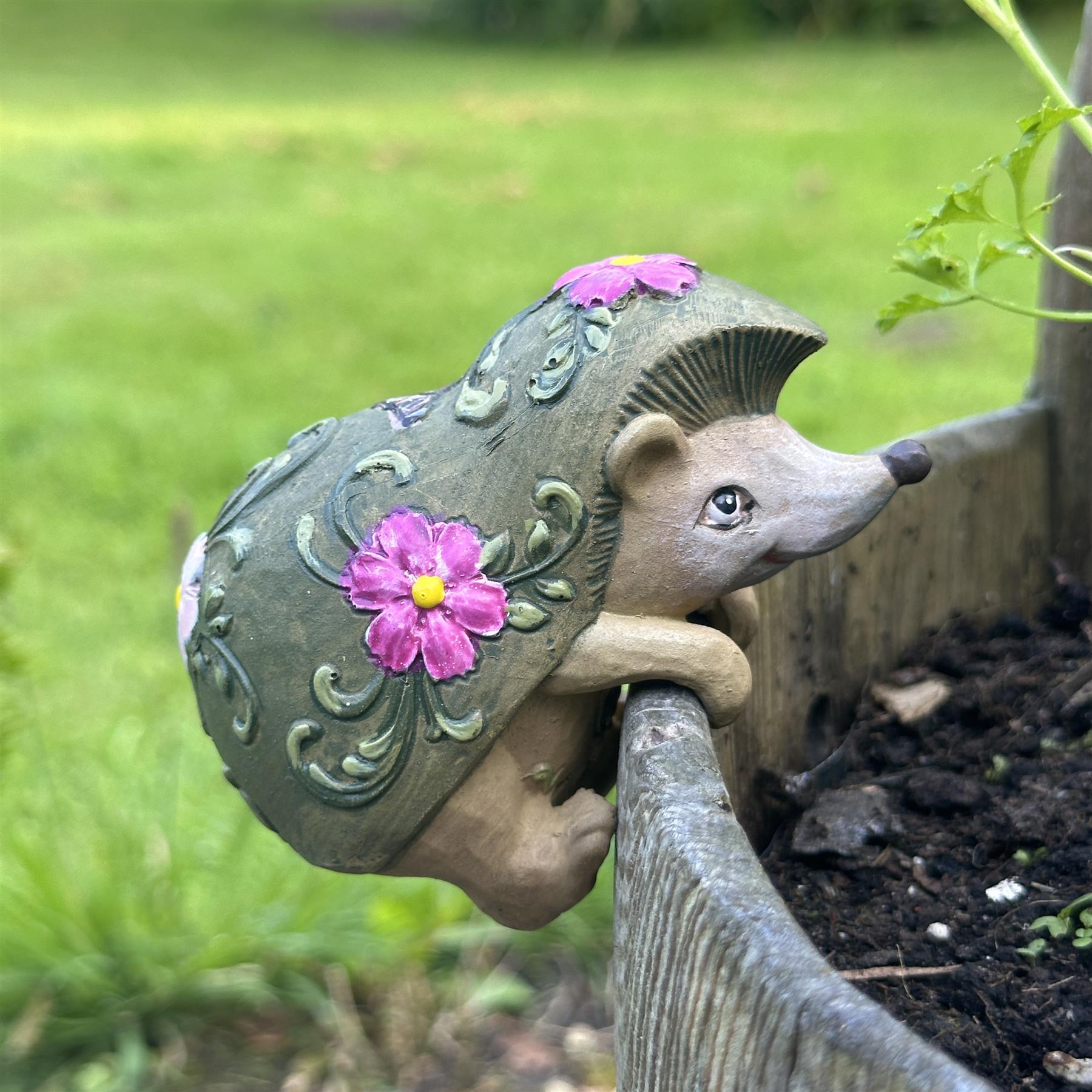 BOX OF FOUR Flower pot hangers, wood effect bohemian colours (2 each of Rabbit & Hedgehog)