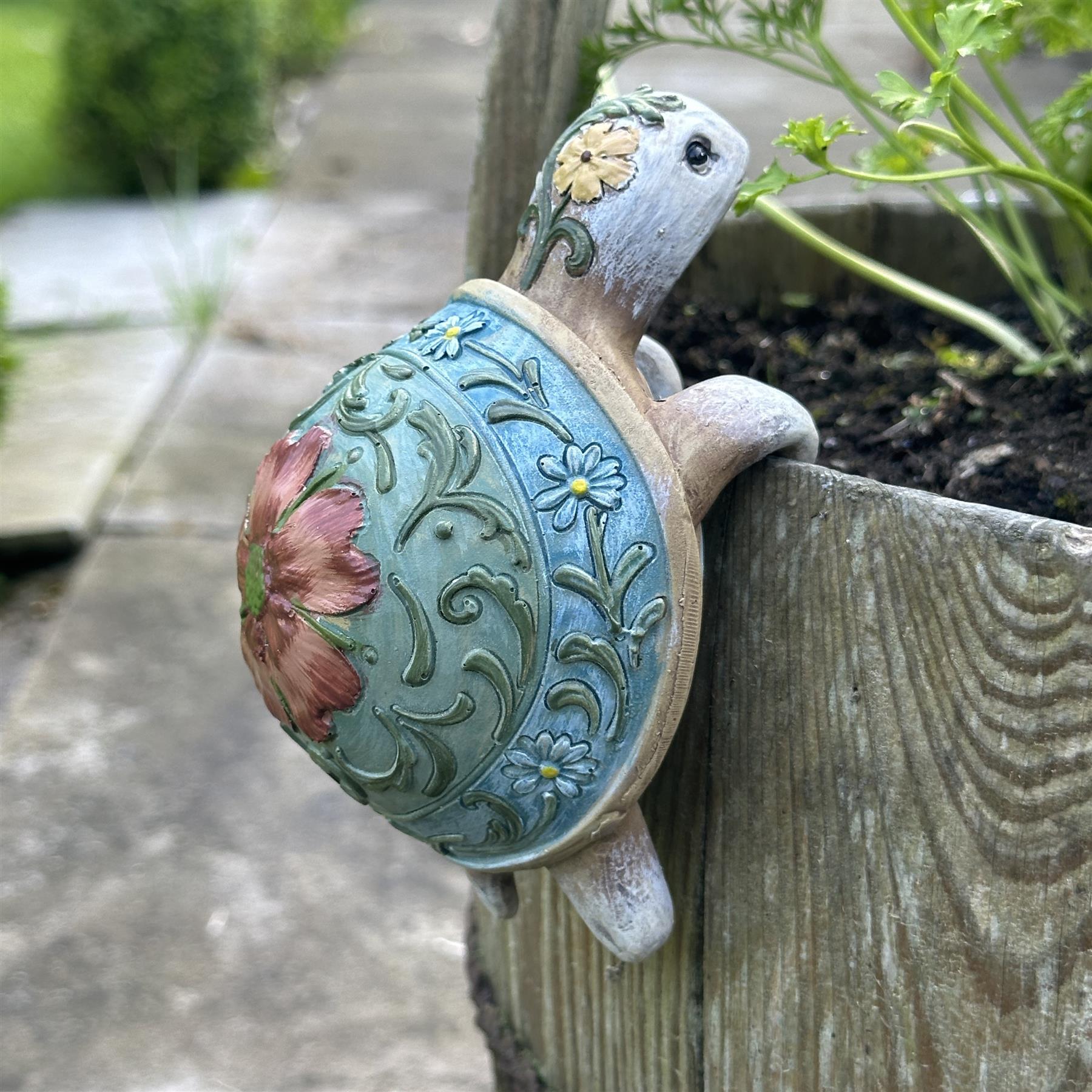 BOX OF FOUR Flower pot hangers, wood effect bohemian colours (2 each of Tortoise & Snail)