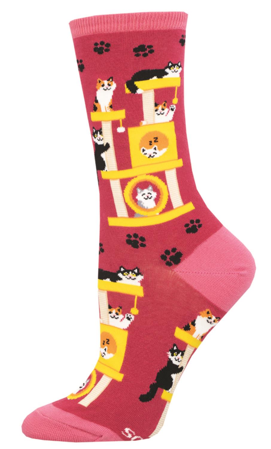 Socksmith 'Mixed Cats Cat' design Women's quality Cotton mix crew socks, bright colours and fun design, one size (fits UK size 3 to 8.5)