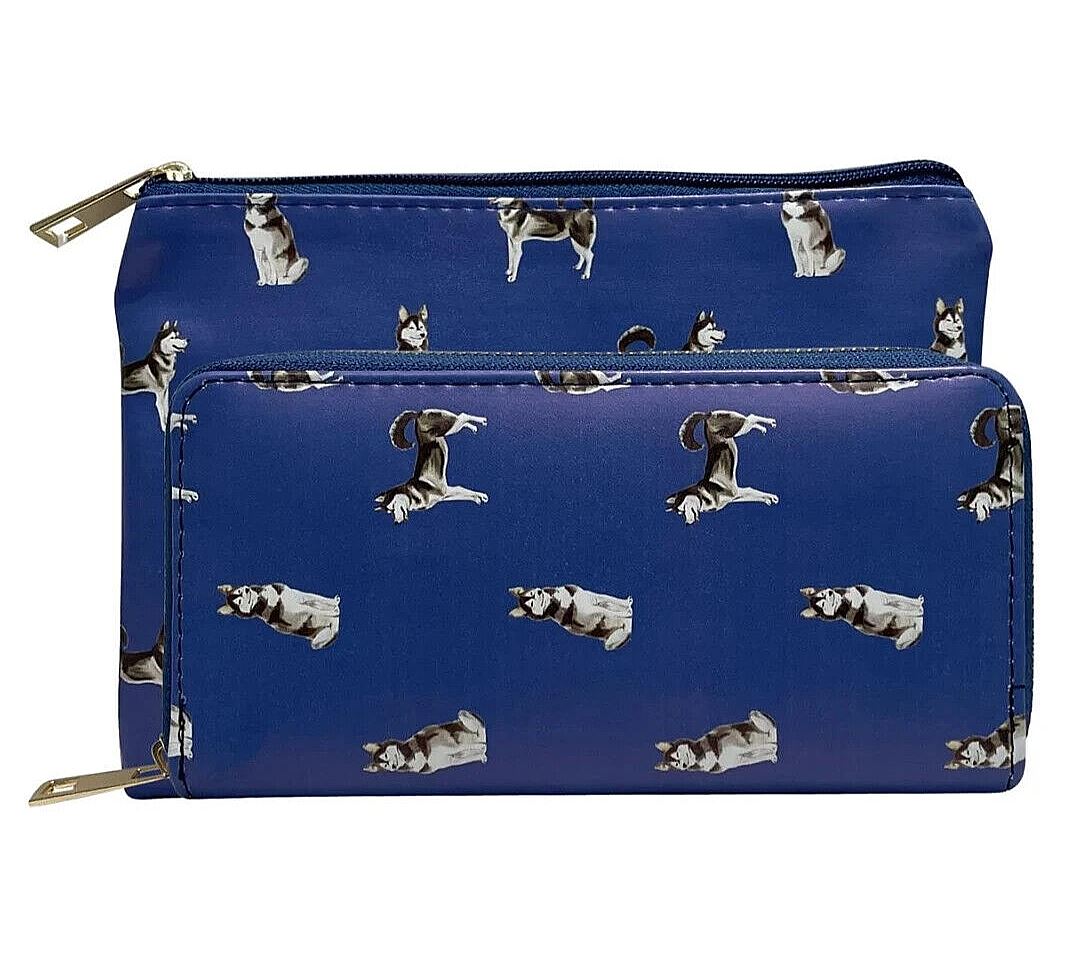 Ladies Husky cosmetic makeup bag lined zipped case Blue novelty Dog lover gift