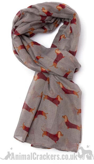 Ladies lightweight Dachshund in Stripy coat design Scarf Sarong in choice of colours, great Sausage Dog lover gift and stocking filler!